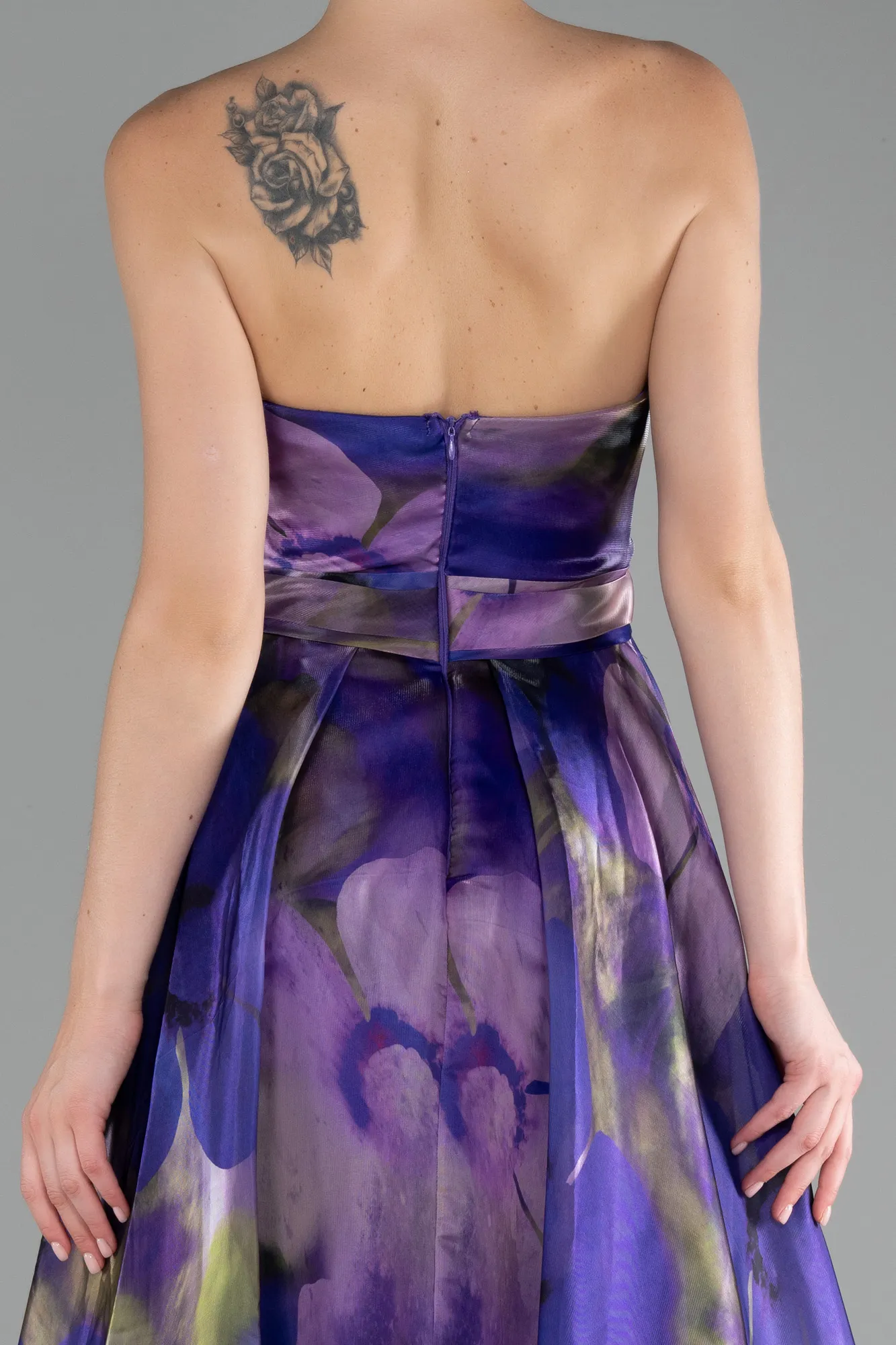 Purple-Strapless Slit Long Satin Printed Prom Gown ABU4157