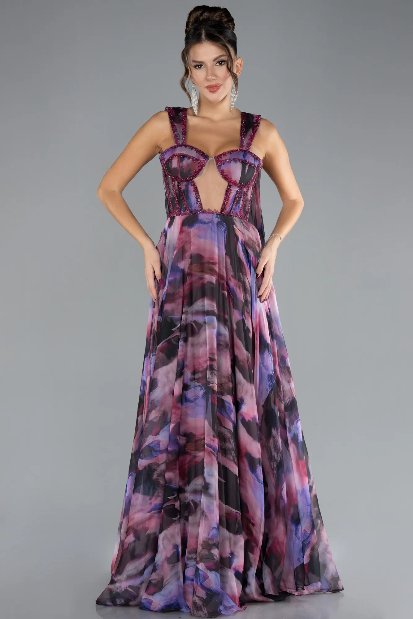 Purple-Strappy Long Patterned Prom Dress ABU4326