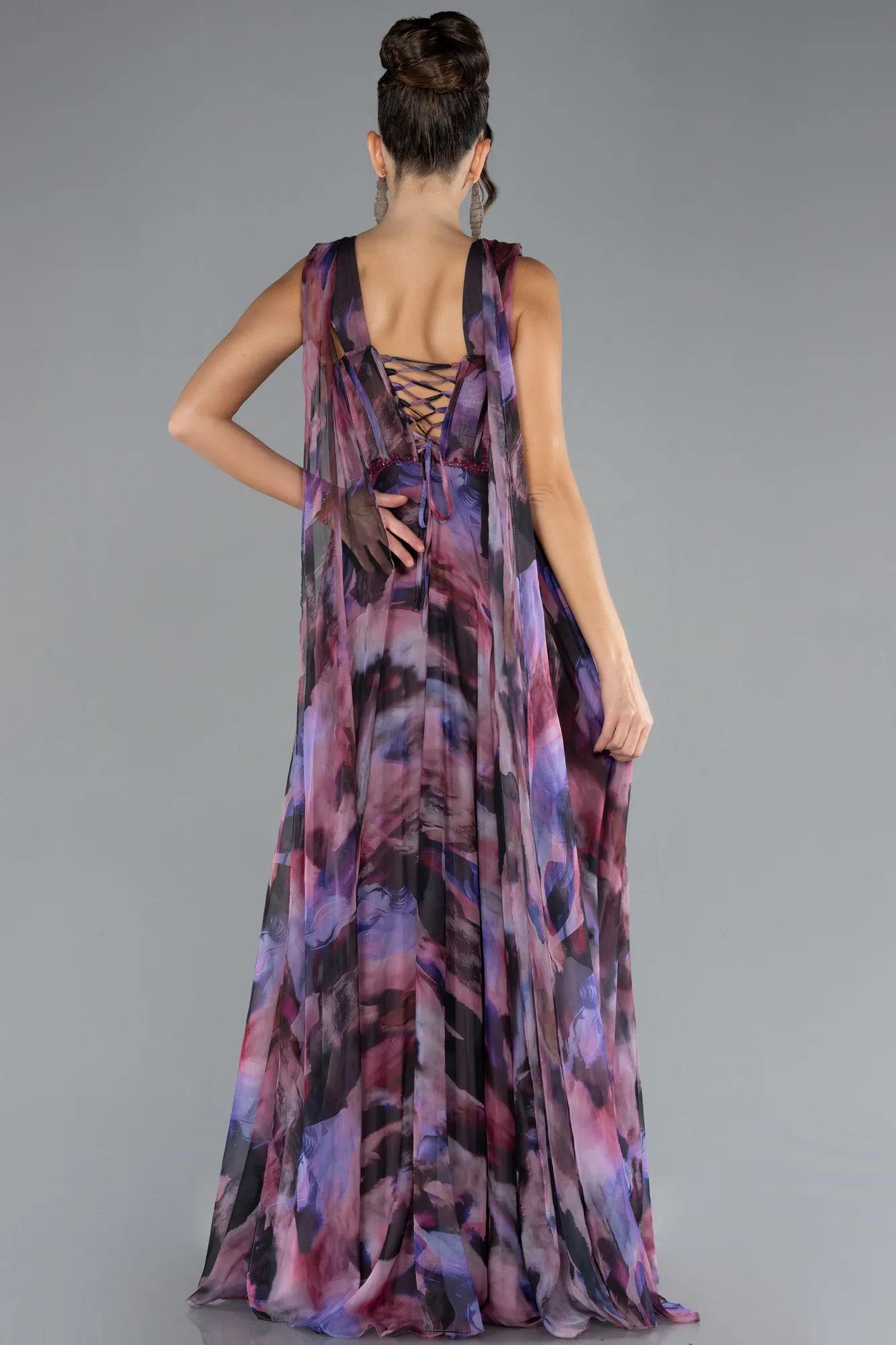 Purple-Strappy Long Patterned Prom Dress ABU4326