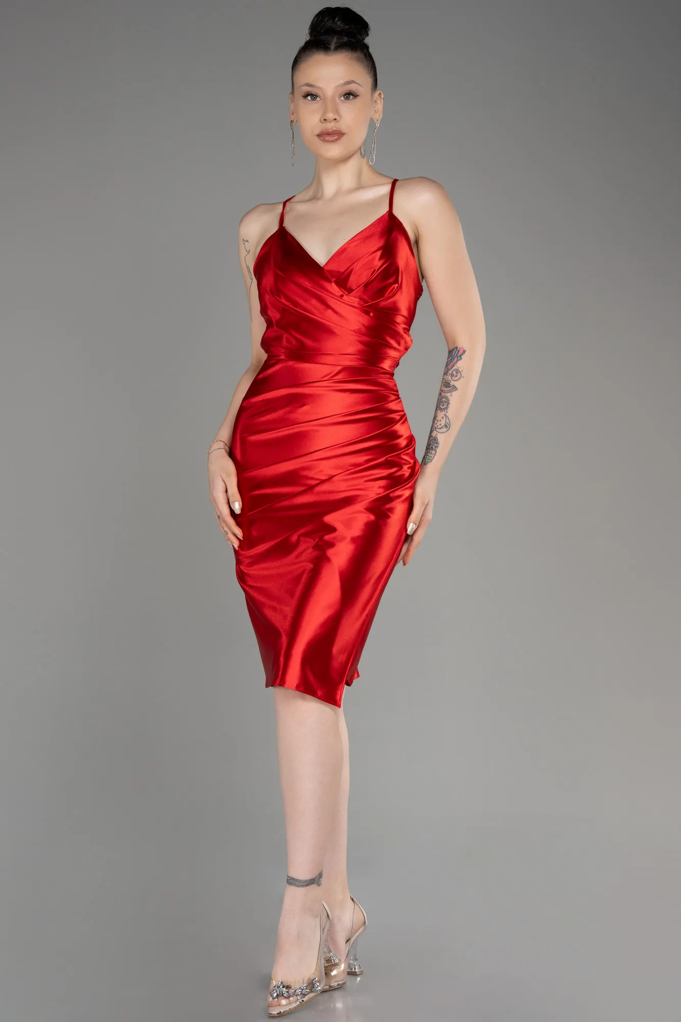 Red-Backless Short Satin Cocktail Dress ABK2078