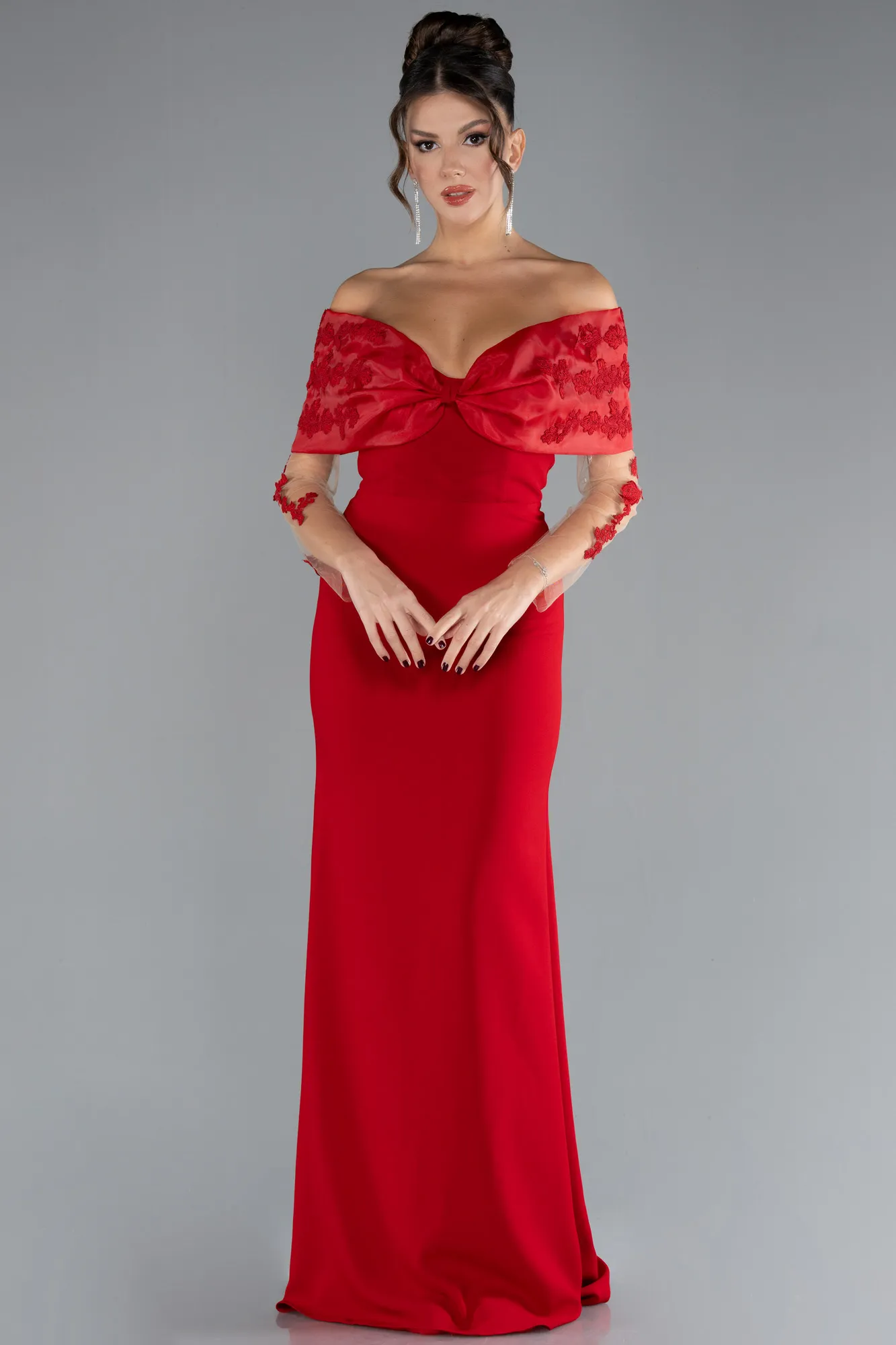 Red-Boat Neck Guipure Long Sleeve Fishtail Evening Dress ABU4343