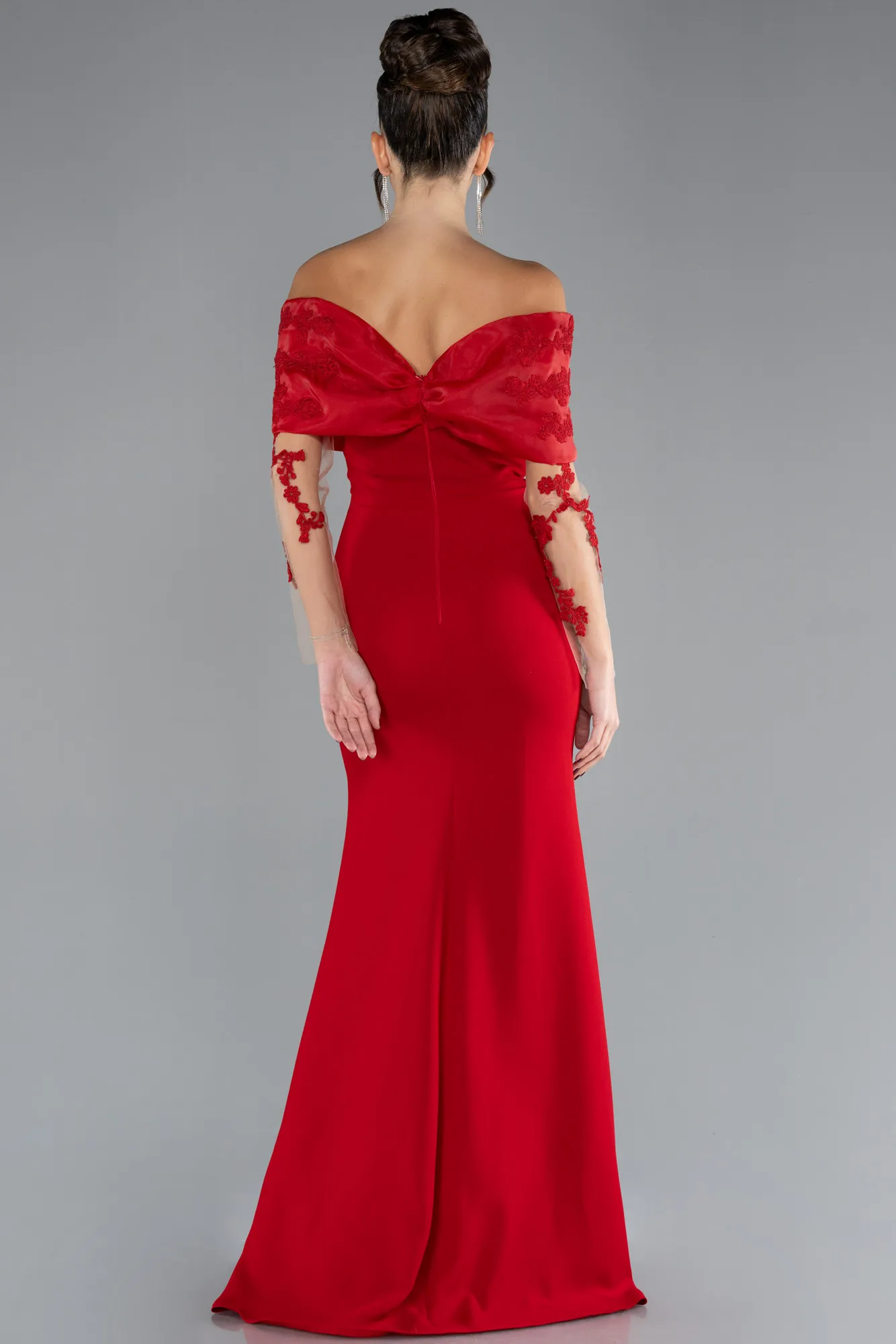 Red-Boat Neck Guipure Long Sleeve Fishtail Evening Dress ABU4343