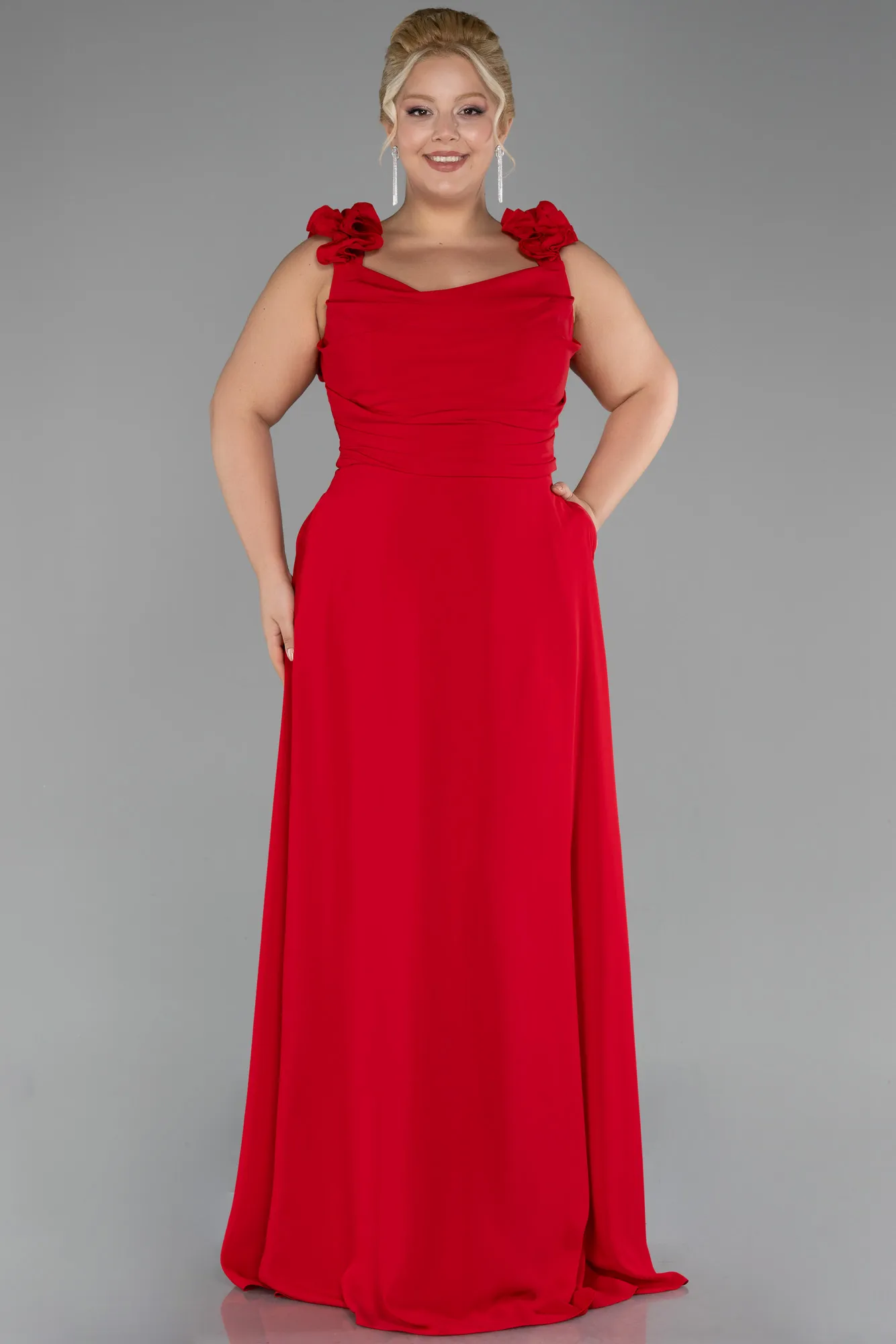 Red-Boat Neck Long Chiffon Plus Size Evening Dress ABU4026