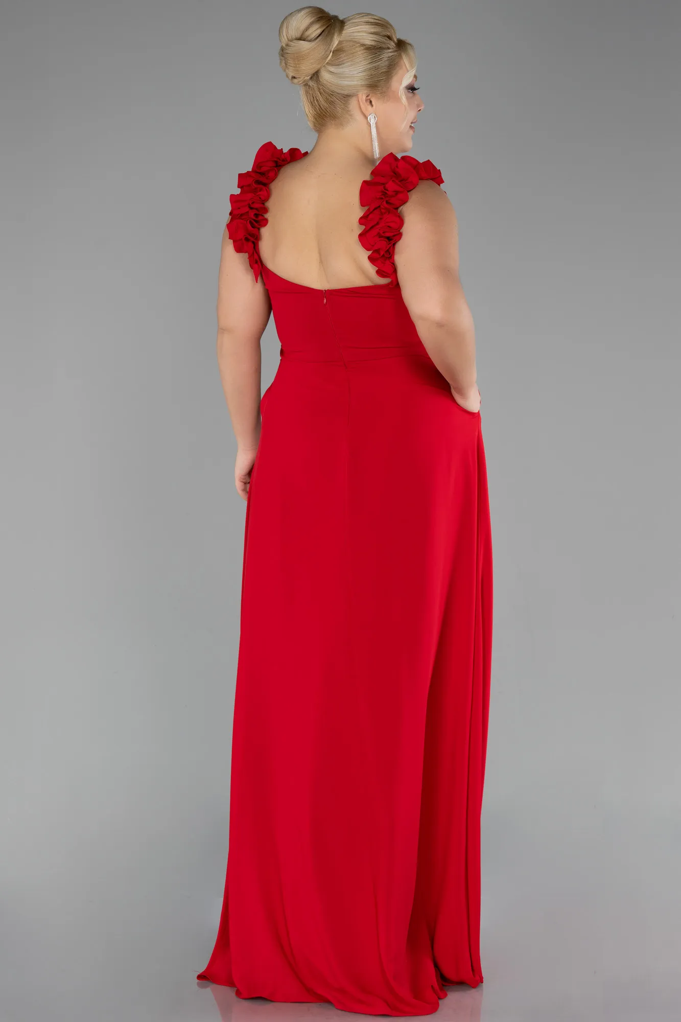 Red-Boat Neck Long Chiffon Plus Size Evening Dress ABU4026