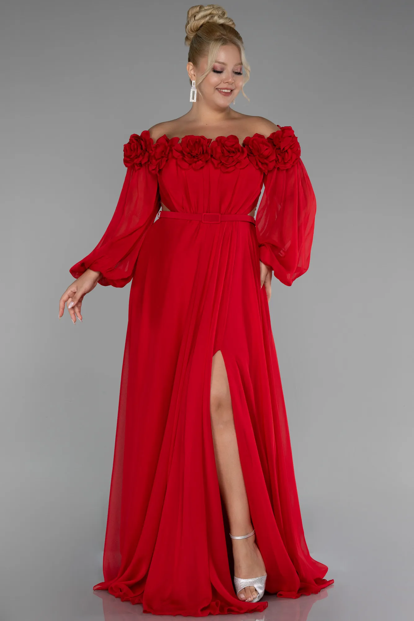 Red-Boat Neck Long Sleeve Plus Size Chiffon Prom Gown ABU4131