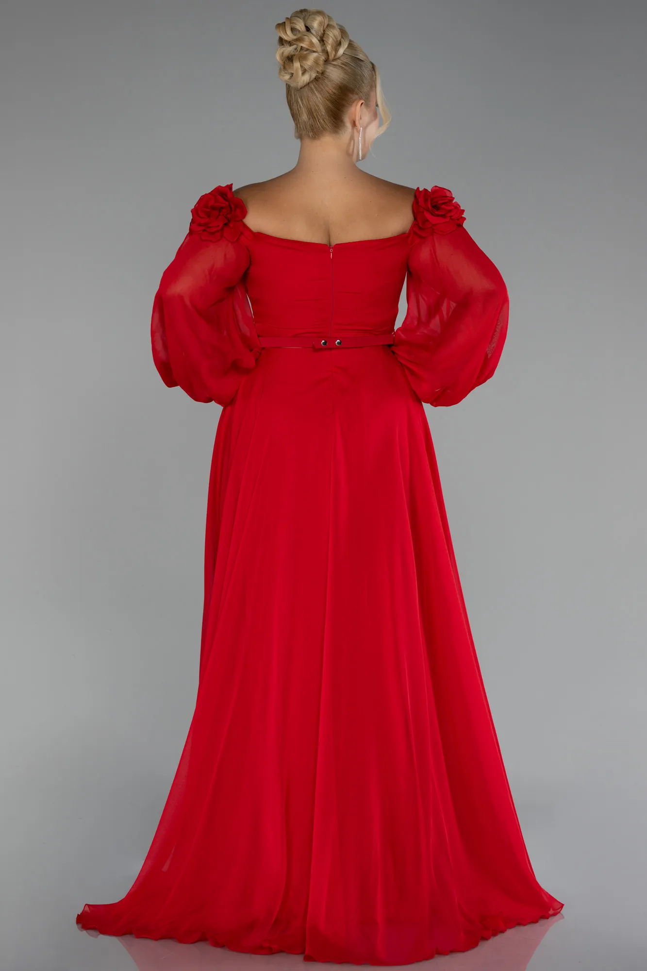 Red-Boat Neck Long Sleeve Plus Size Chiffon Prom Gown ABU4131