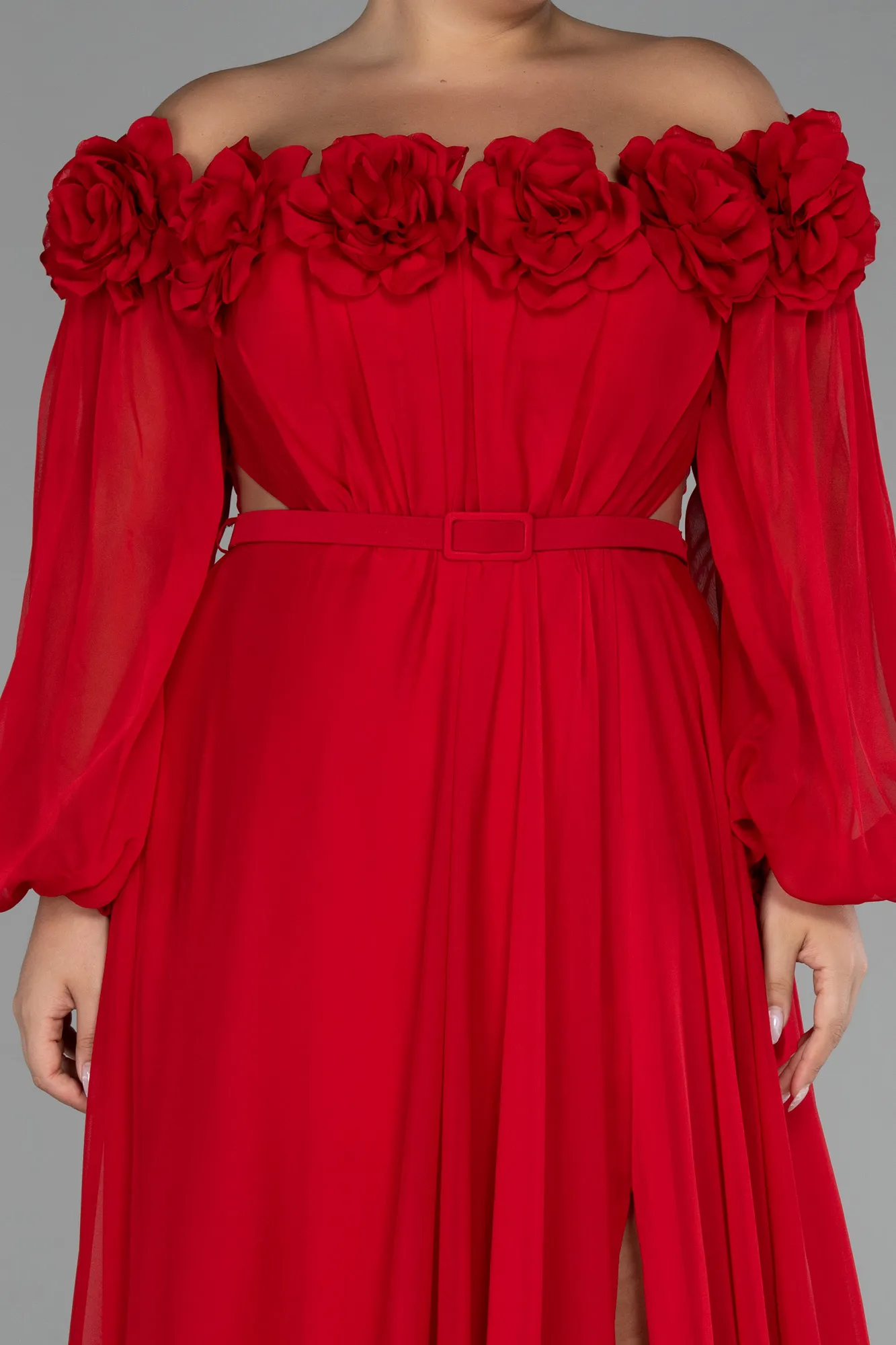 Red-Boat Neck Long Sleeve Plus Size Chiffon Prom Gown ABU4131