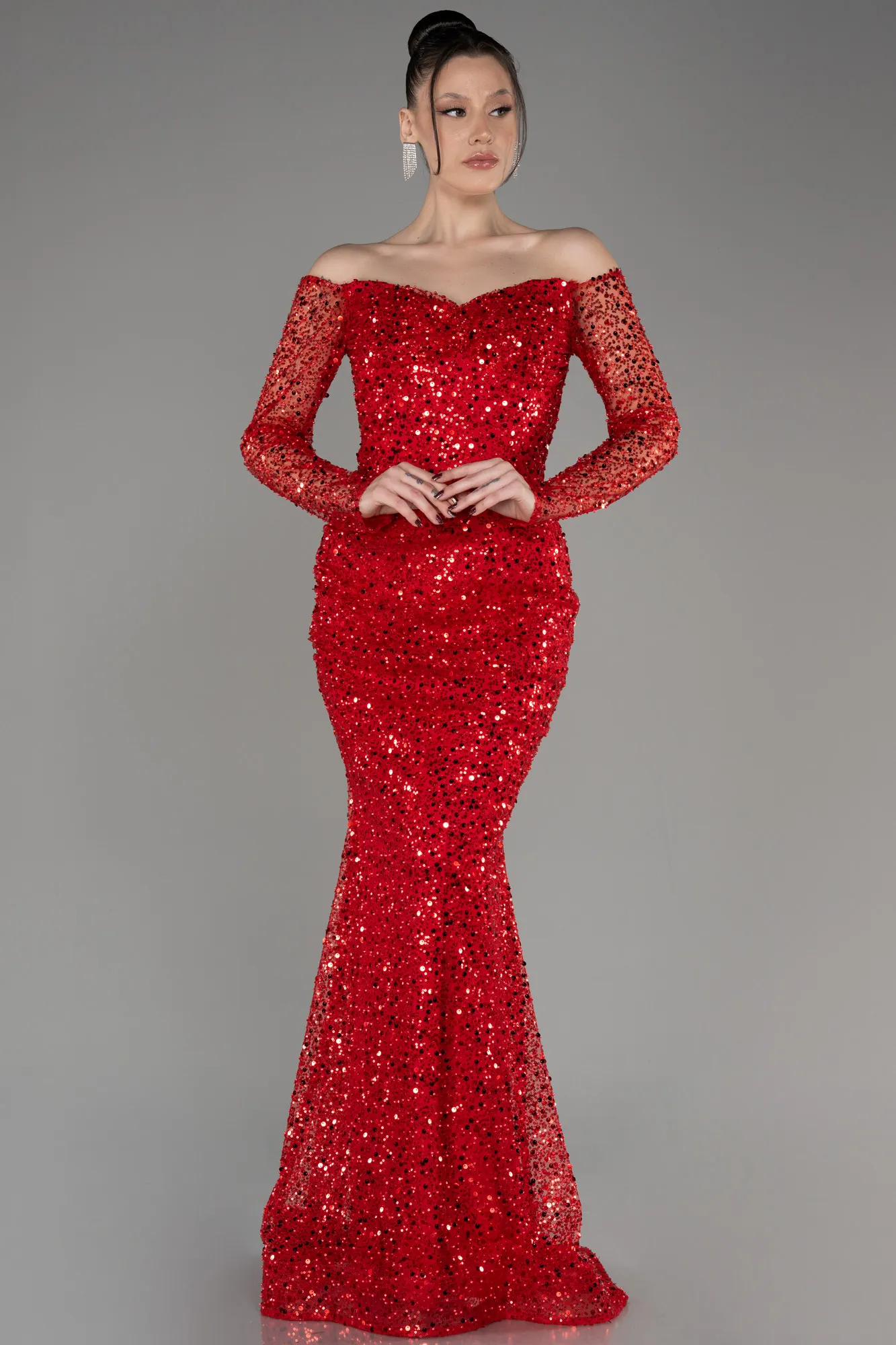 Red-Boat Neck Long Sleeve Sequined Evening Dress ABU3879