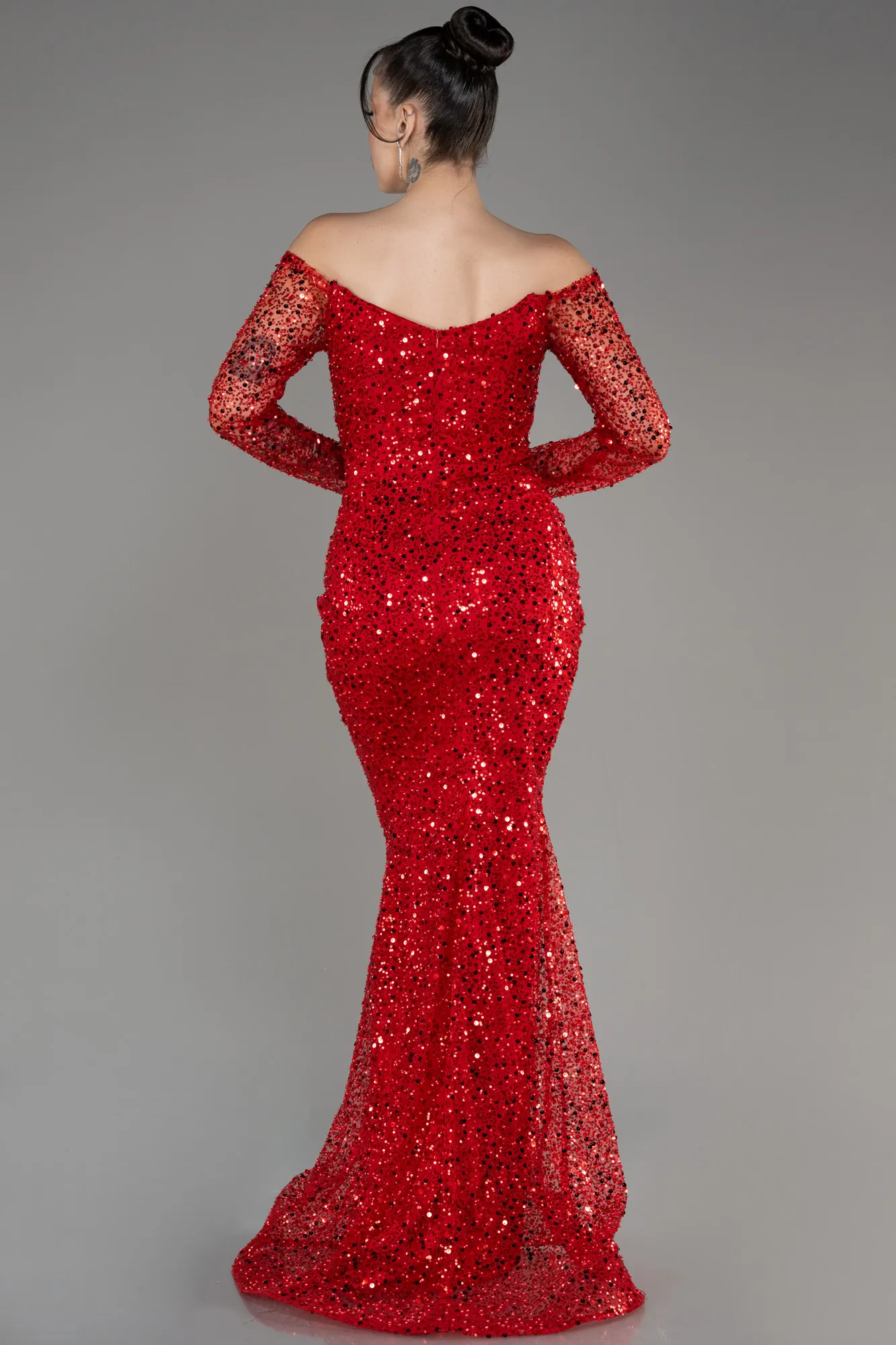 Red-Boat Neck Long Sleeve Sequined Evening Dress ABU3879