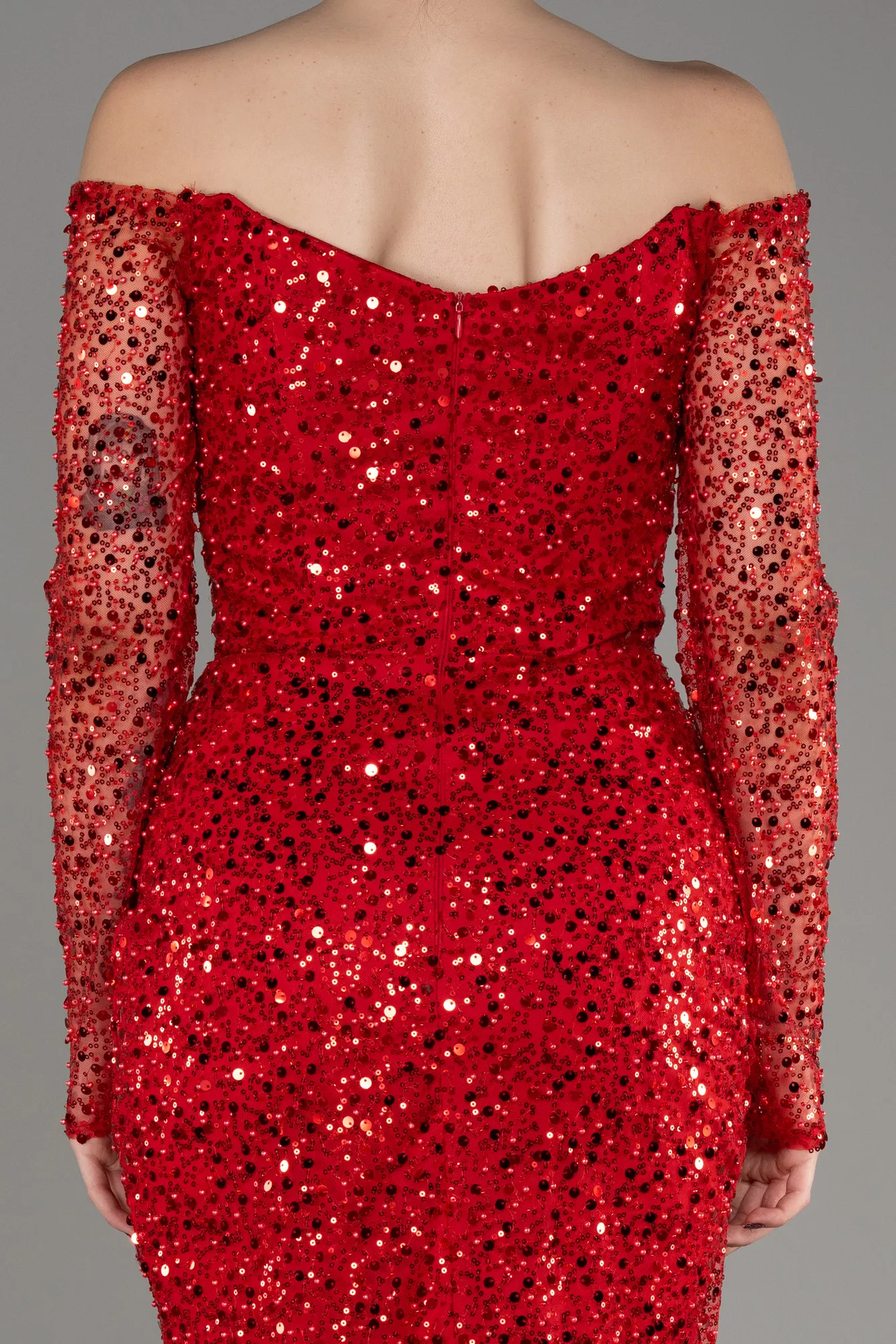 Red-Boat Neck Long Sleeve Sequined Evening Dress ABU3879