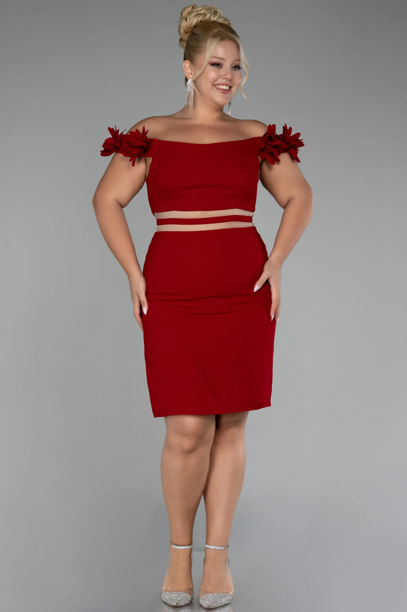 Red-Boat Neck Short Plus Size Cocktail Dress ABK2121