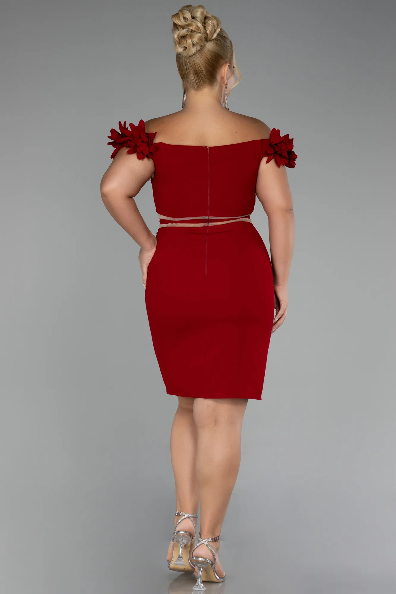 Red-Boat Neck Short Plus Size Cocktail Dress ABK2121