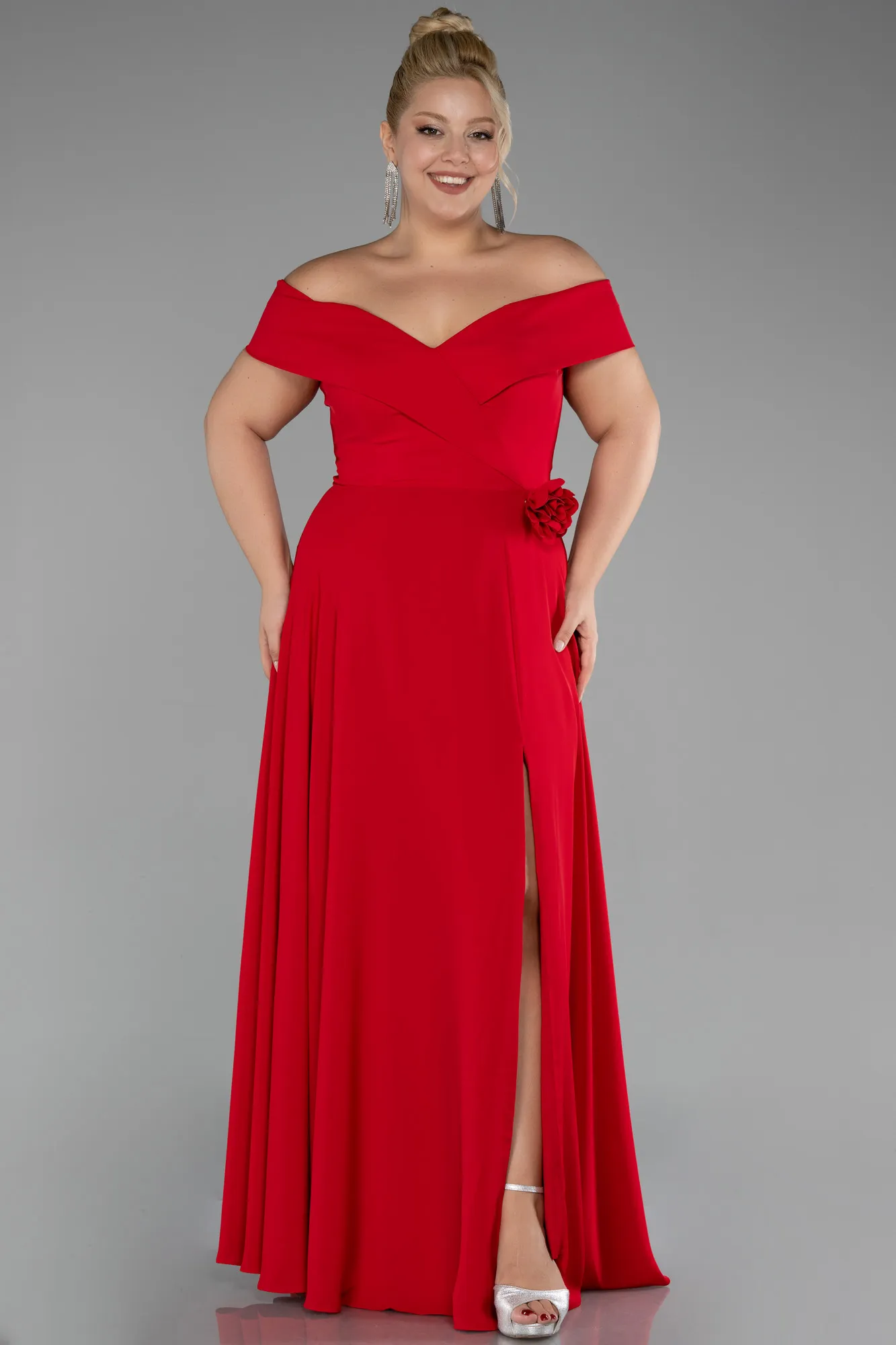 Red-Boat Neck Slit Long Chiffon Plus Size Prom Dress ABU4234