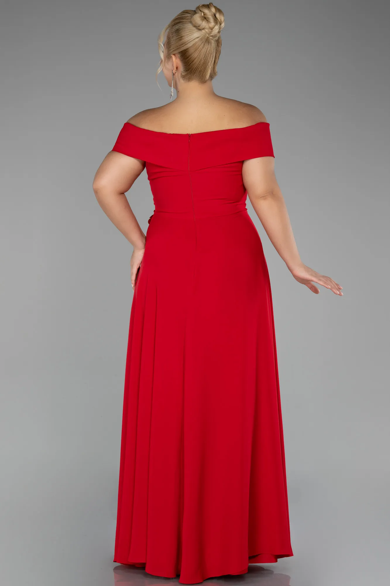 Red-Boat Neck Slit Long Chiffon Plus Size Prom Dress ABU4234