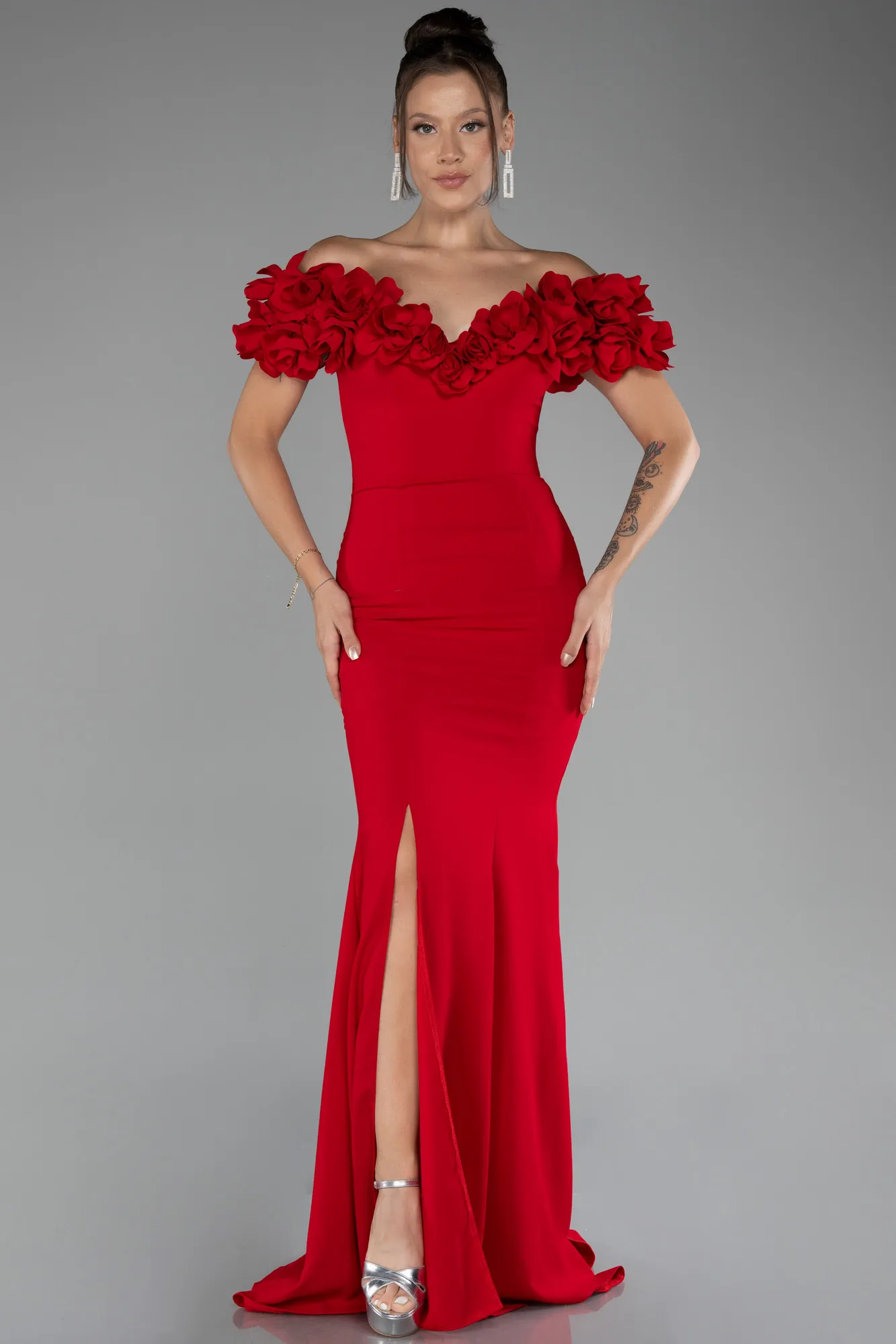 Red-Boat Neck Slit Long Evening Dress ABU4080