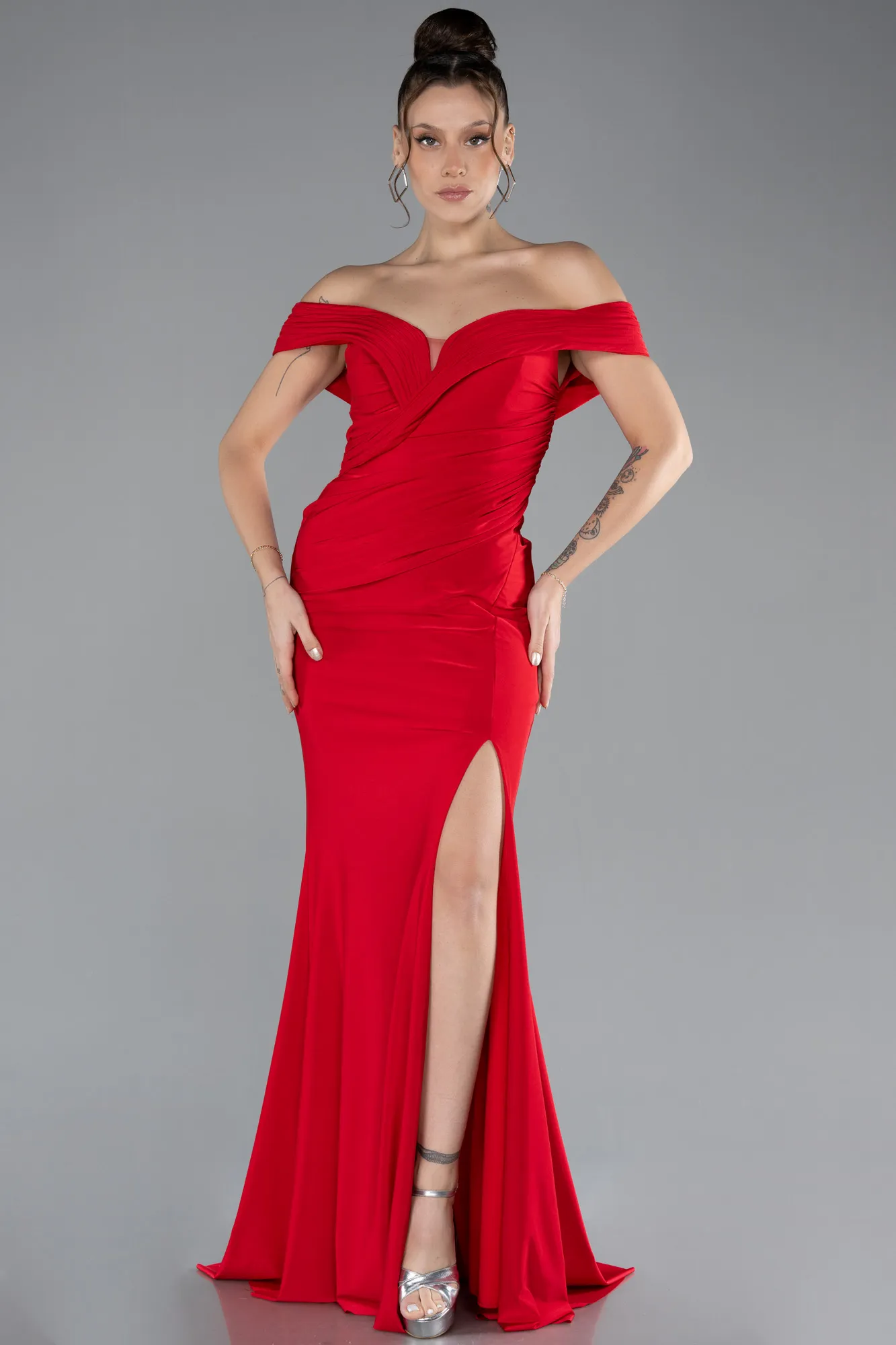 Red-Boat Neck Slit Long Evening Gown ABU4400