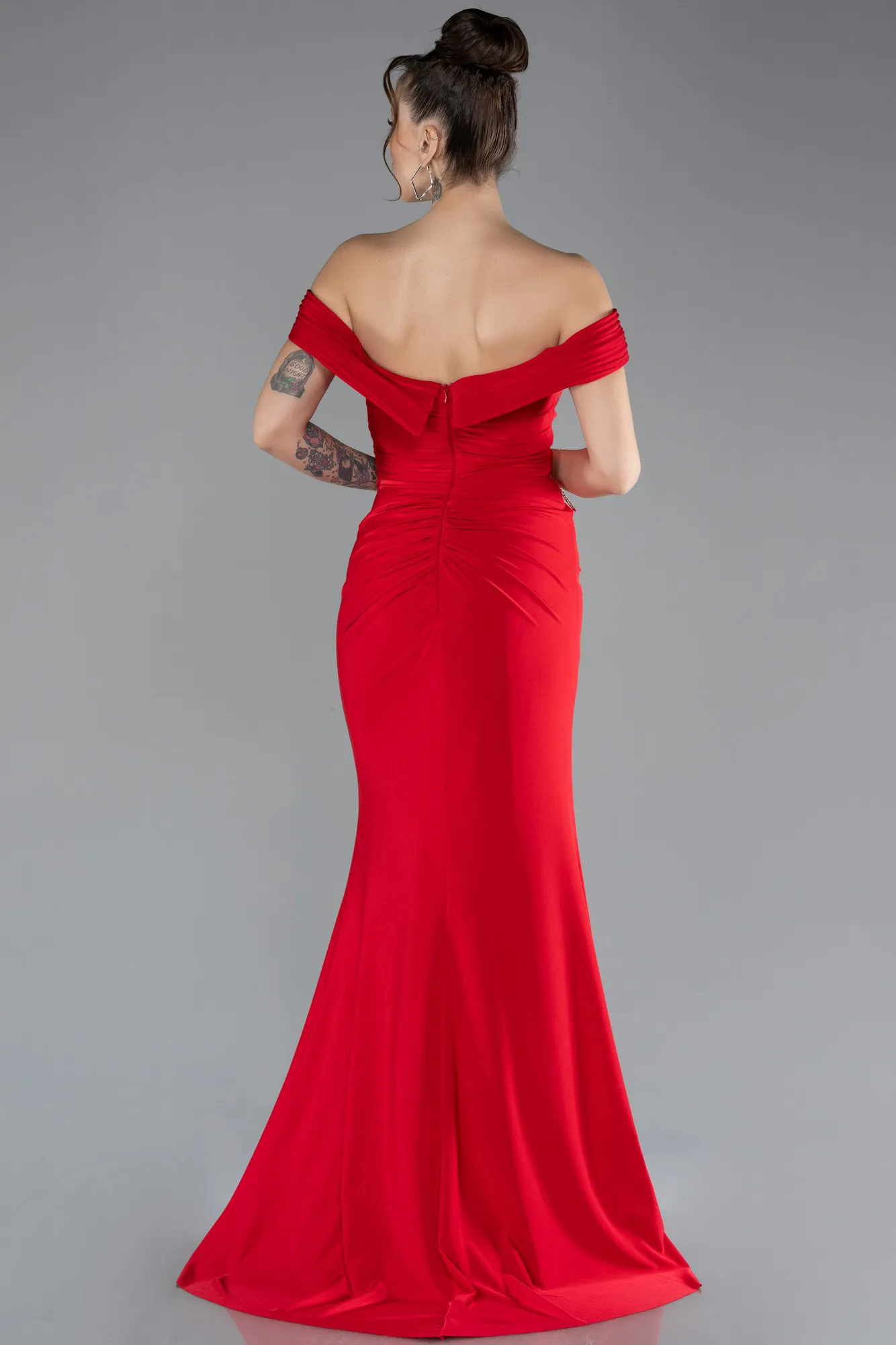 Red-Boat Neck Slit Long Evening Gown ABU4400