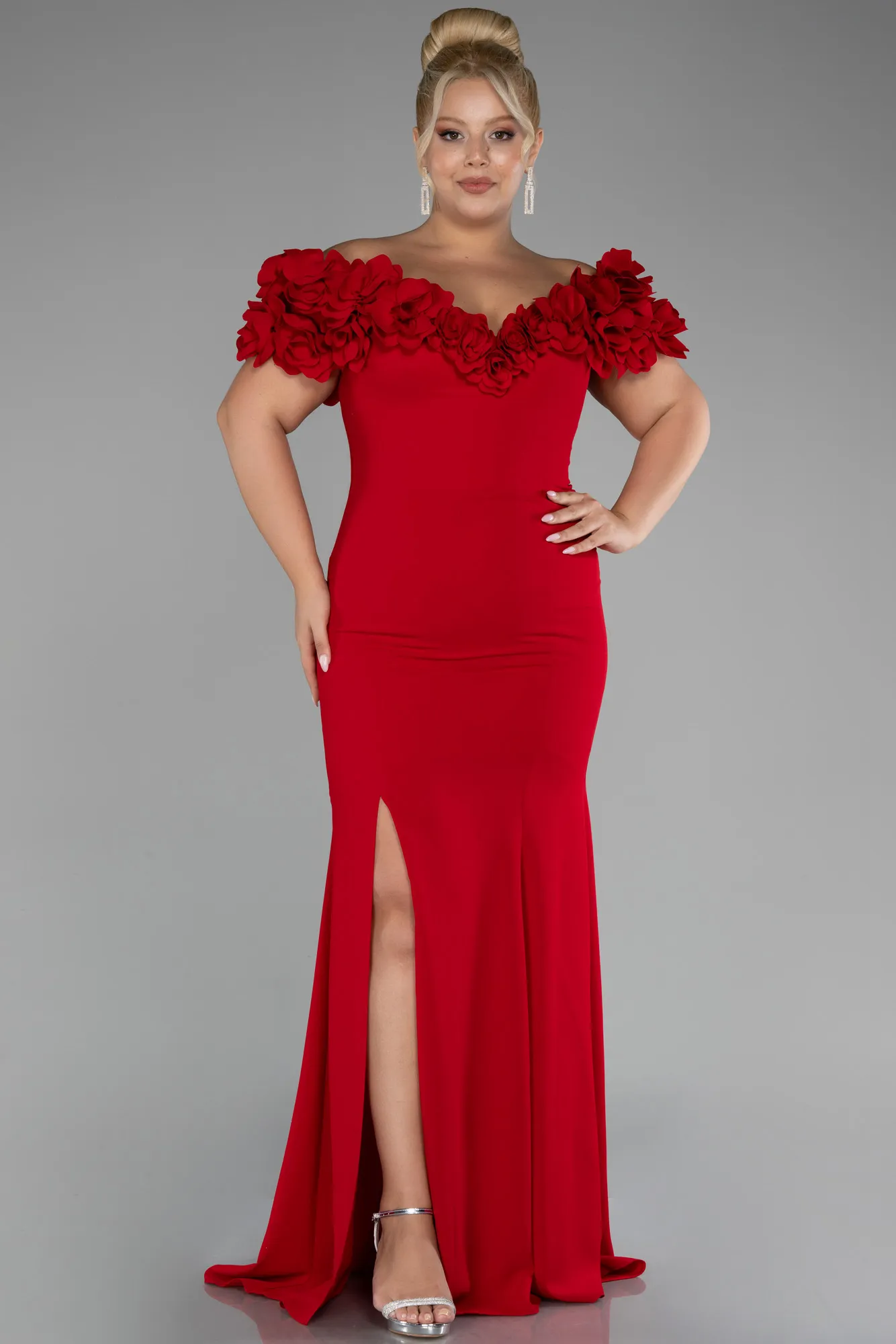 Red-Boat Neck Slit Long Plus Size Evening Dress ABU4081