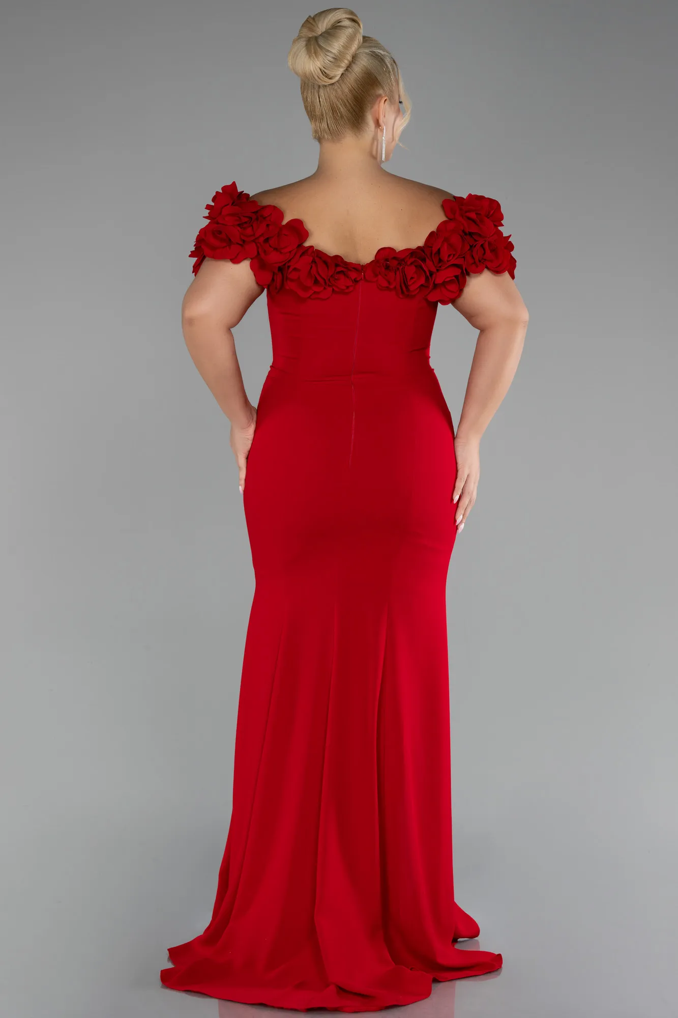 Red-Boat Neck Slit Long Plus Size Evening Dress ABU4081