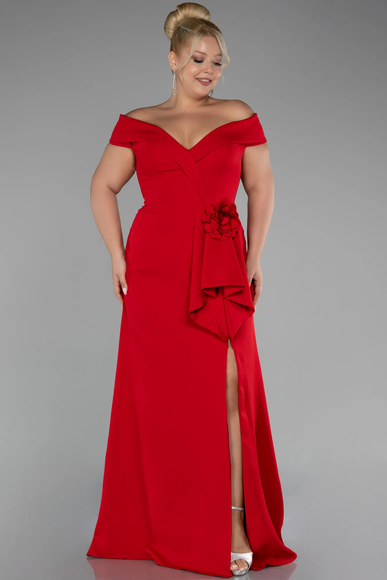 Red-Boat Neck Slit Long Plus Size Evening Dress ABU4200