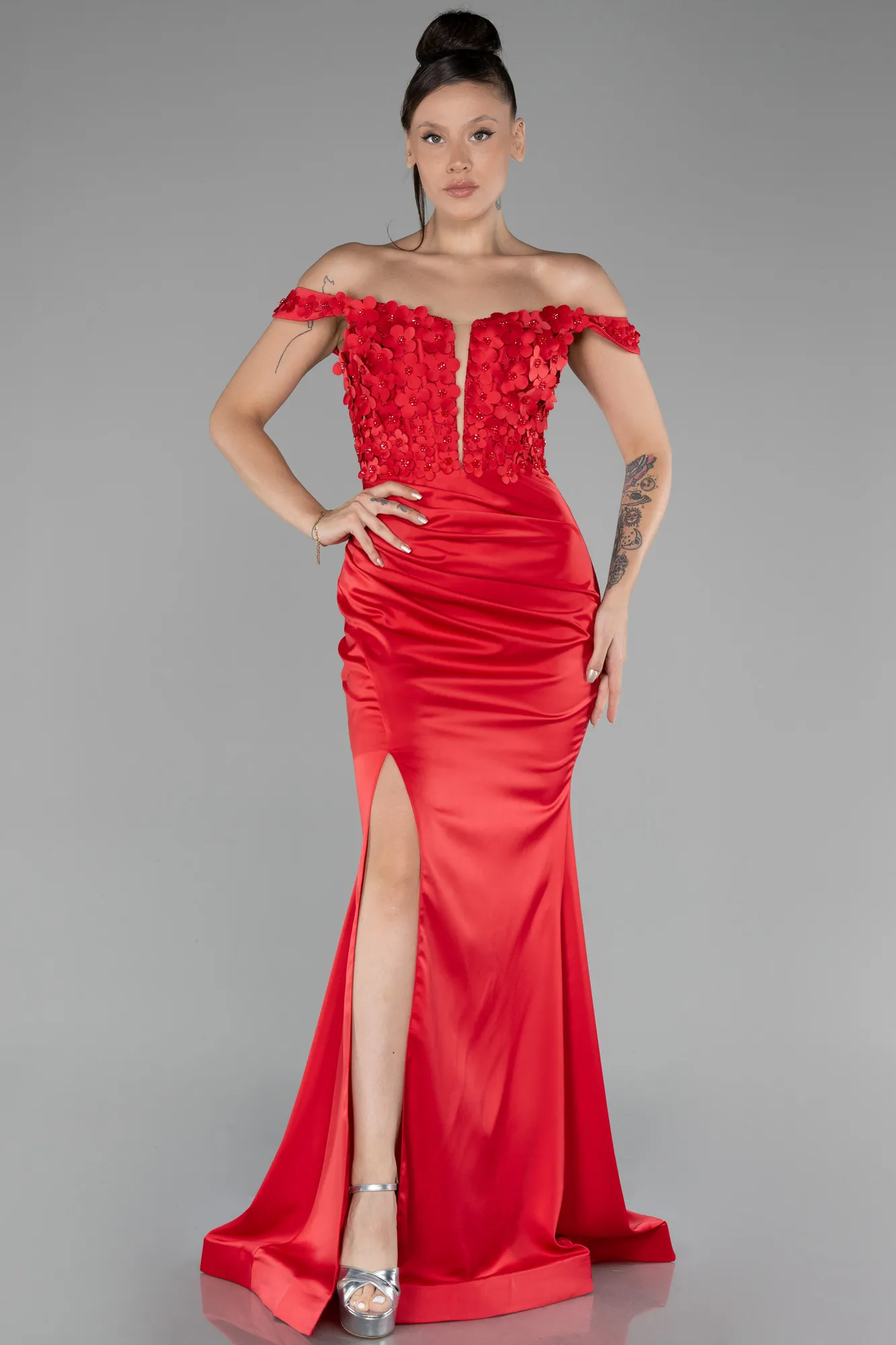 Red-Boat Neck Slit Long Prom Gown ABU4264