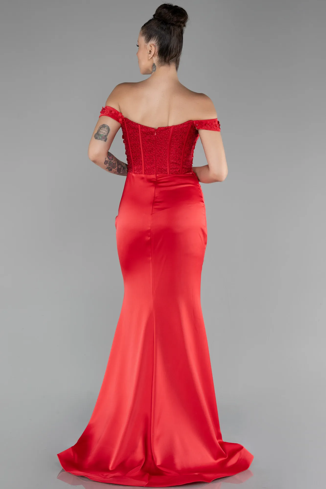 Red-Boat Neck Slit Long Prom Gown ABU4264