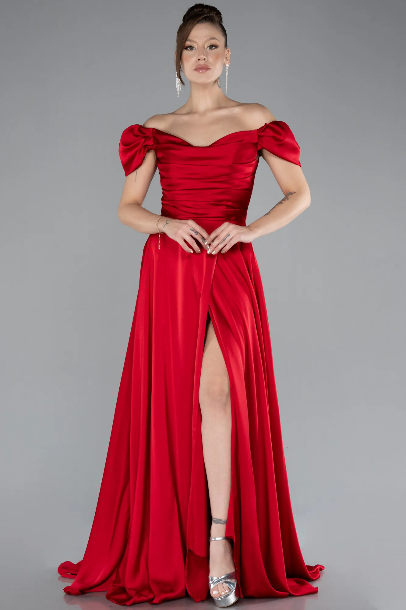 Red-Boat Neck Slit Long Satin Prom Gown ABU4508