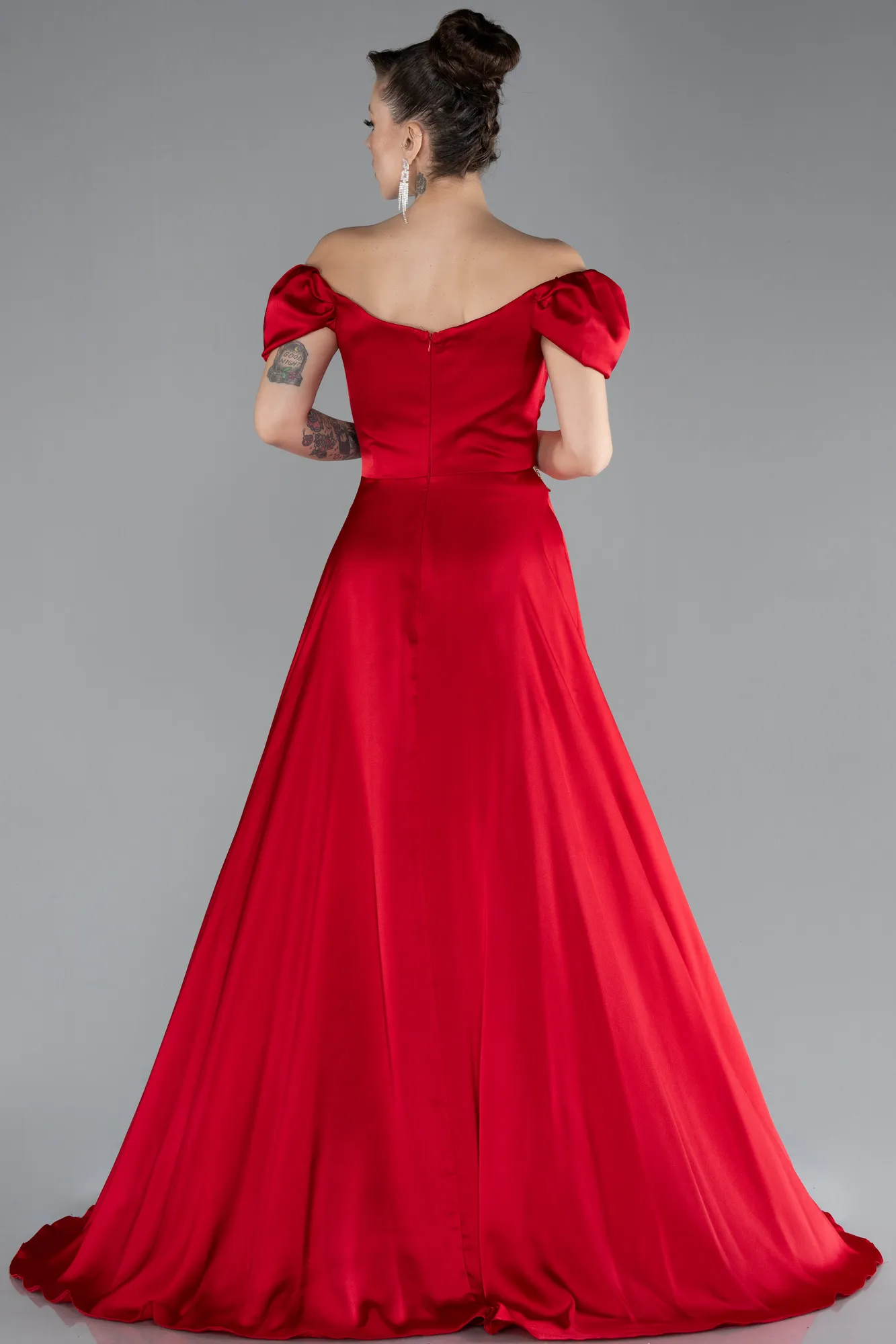 Red-Boat Neck Slit Long Satin Prom Gown ABU4508