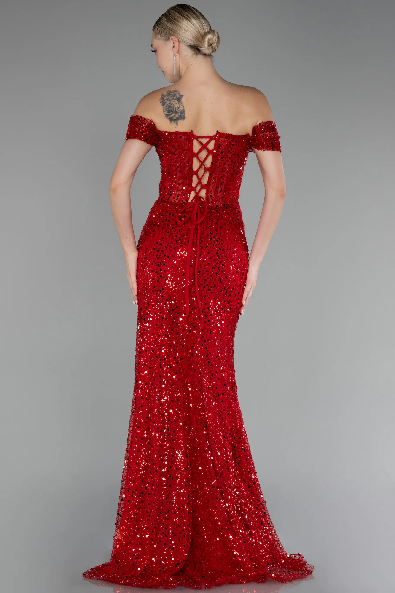 Red-Boat Neck Slit Long Sequined Evening Gown ABU4120