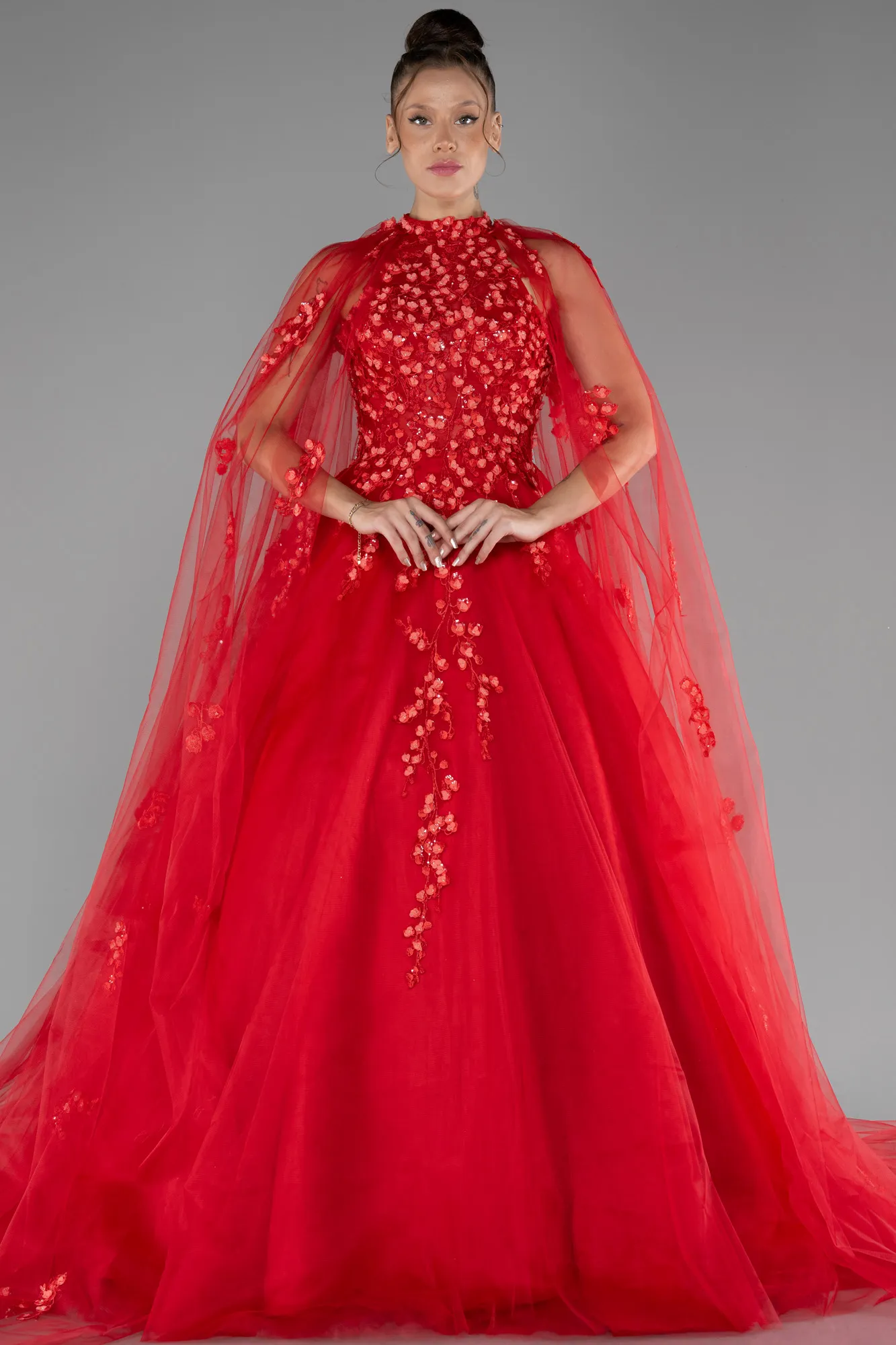 Red-Cape Halter Neckline Long Haute Couture Dress ABU4289