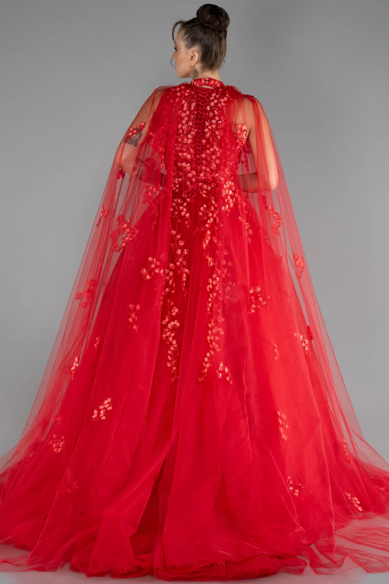 Red-Cape Halter Neckline Long Haute Couture Dress ABU4289