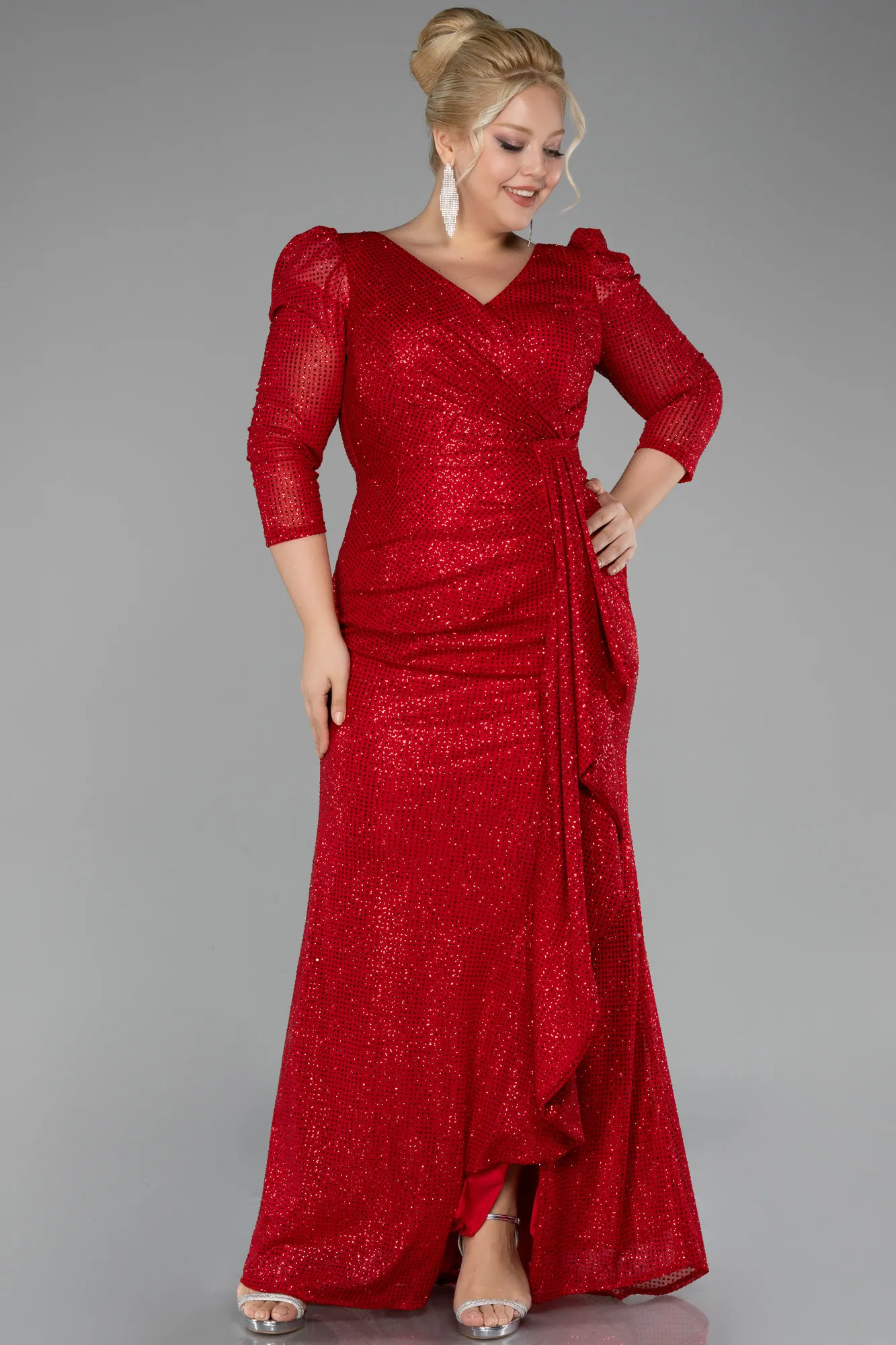 Red-Capri Sleeve Long Sequin Plus Size Evening Dress ABU4106