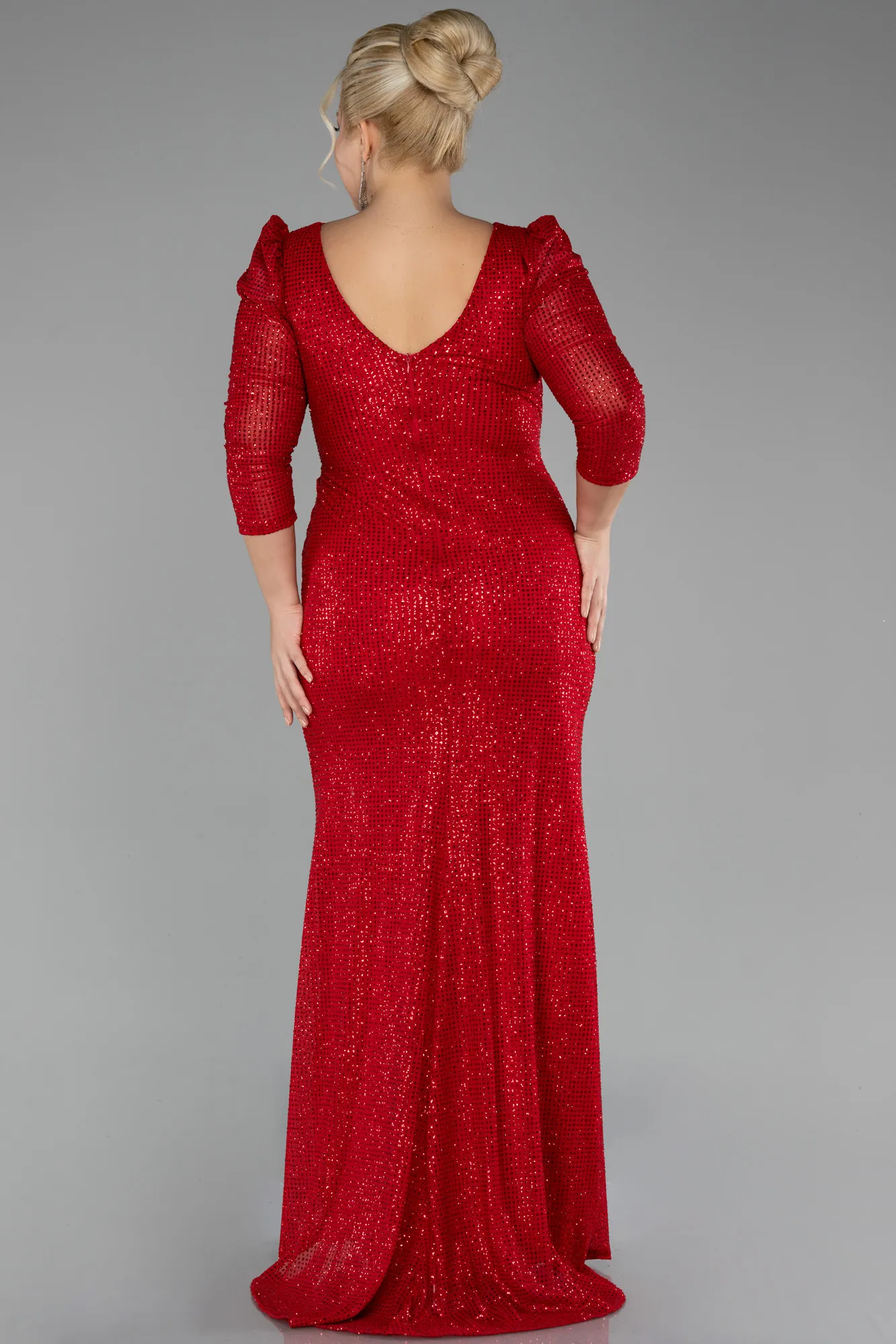 Red-Capri Sleeve Long Sequin Plus Size Evening Dress ABU4106