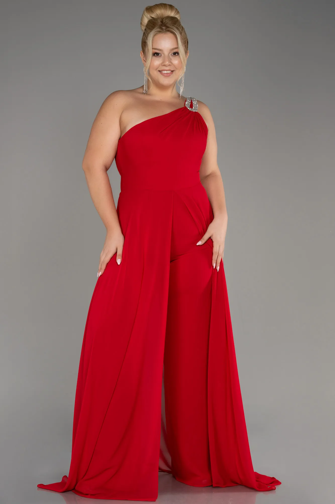 Red-Chiffon Plus Size Evening Dress Jumpsuit ABT119