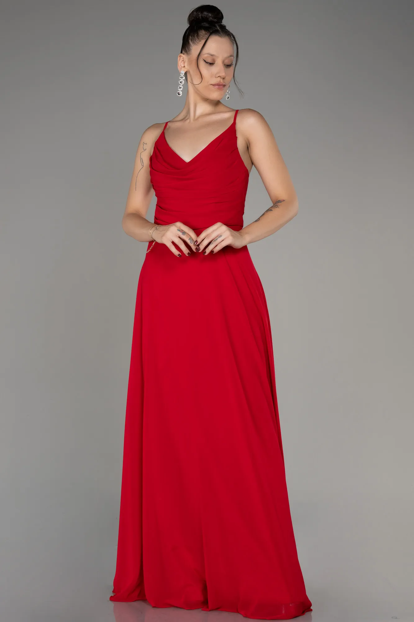 Red-Cowl Neck Long Chiffon Evening Dress ABU4041