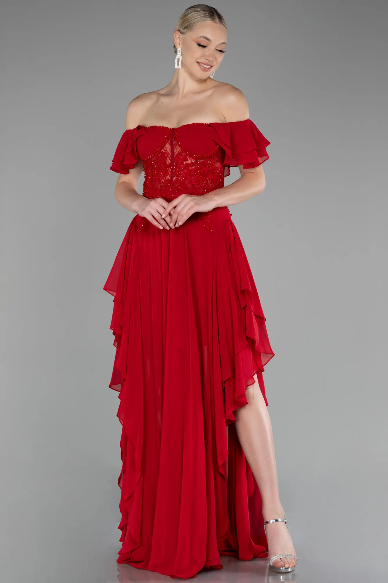 Red-Dantelle Boat Neck Slit Long Chiffon Prom Dress ABU4175