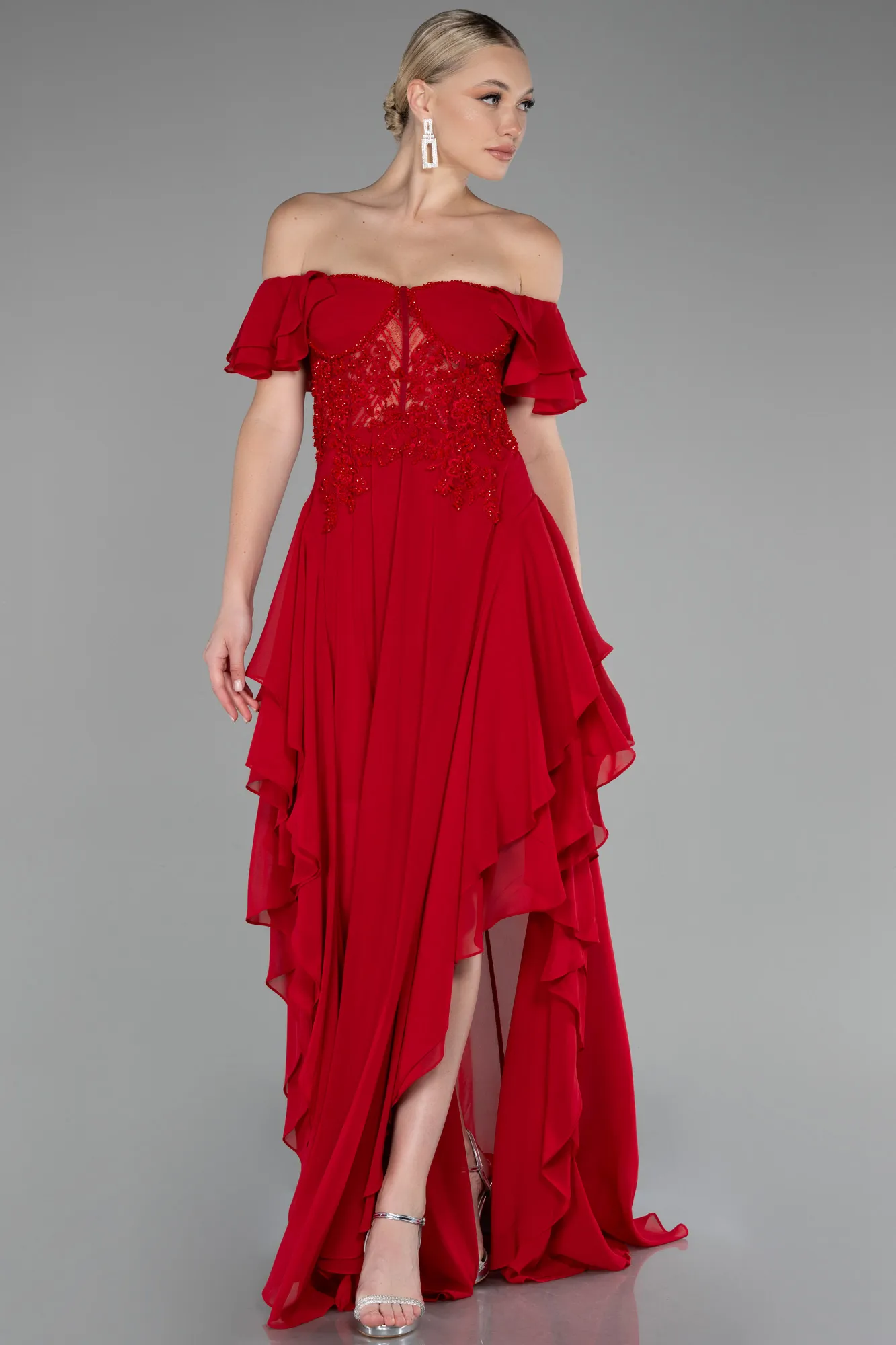 Red-Dantelle Boat Neck Slit Long Chiffon Prom Dress ABU4175