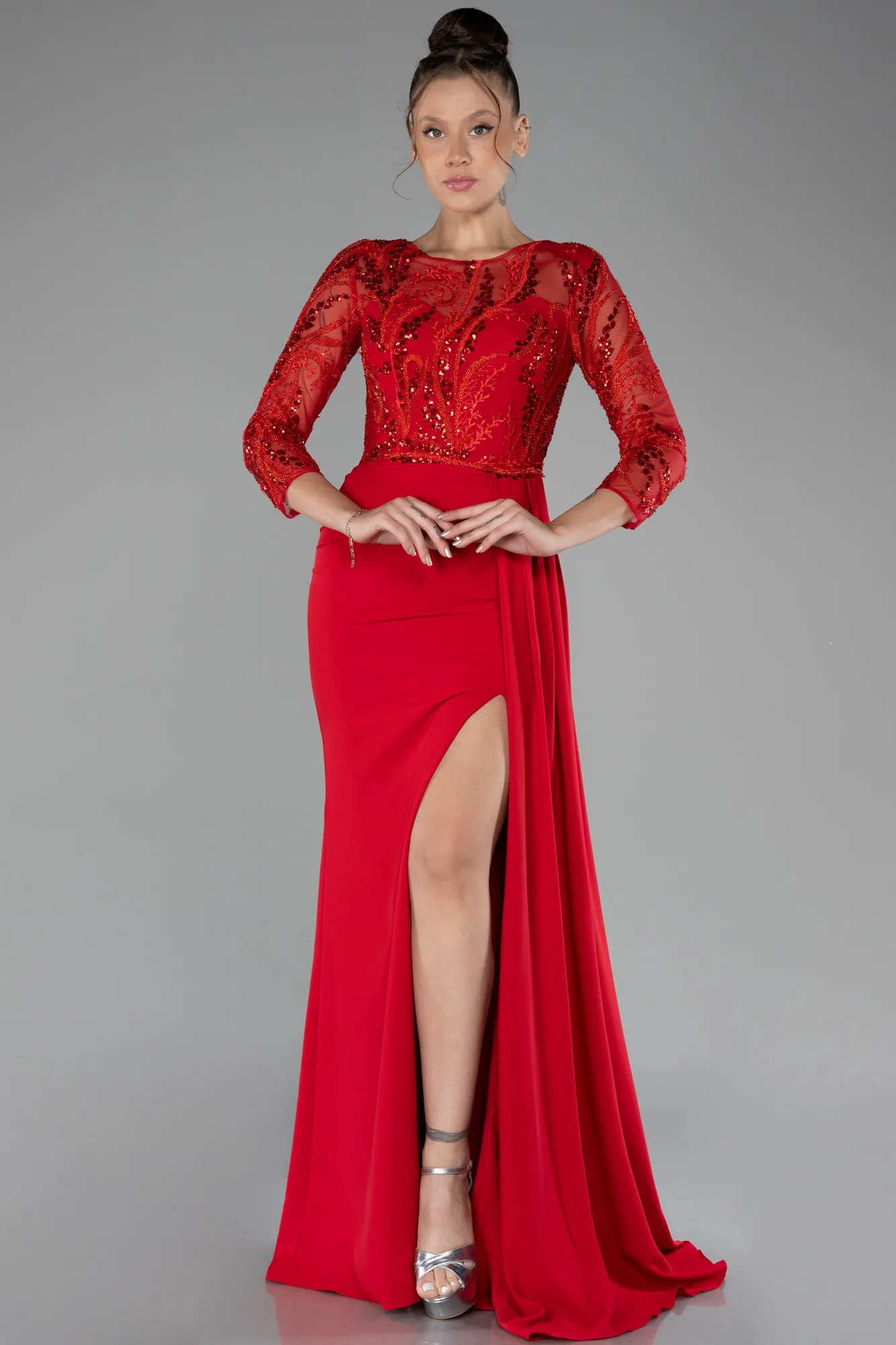 Red-Embroidered Capri Sleeve Slit Chiffon Evening Gown ABU4293