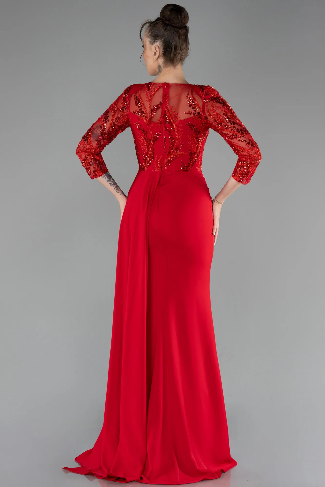 Red-Embroidered Capri Sleeve Slit Chiffon Evening Gown ABU4293