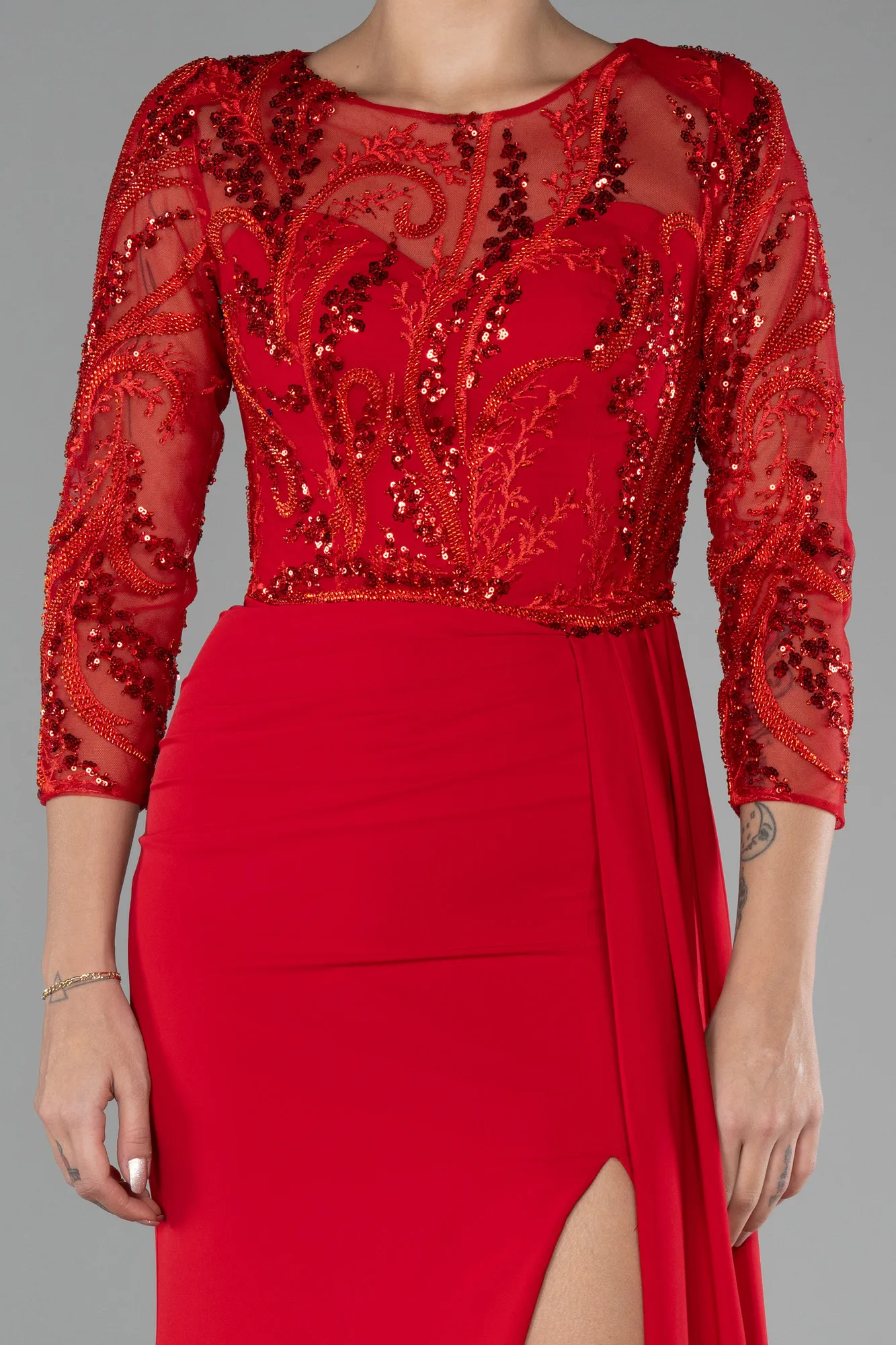 Red-Embroidered Capri Sleeve Slit Chiffon Evening Gown ABU4293