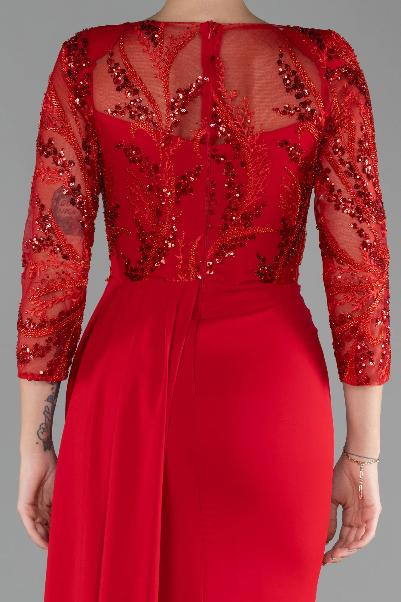 Red-Embroidered Capri Sleeve Slit Chiffon Evening Gown ABU4293