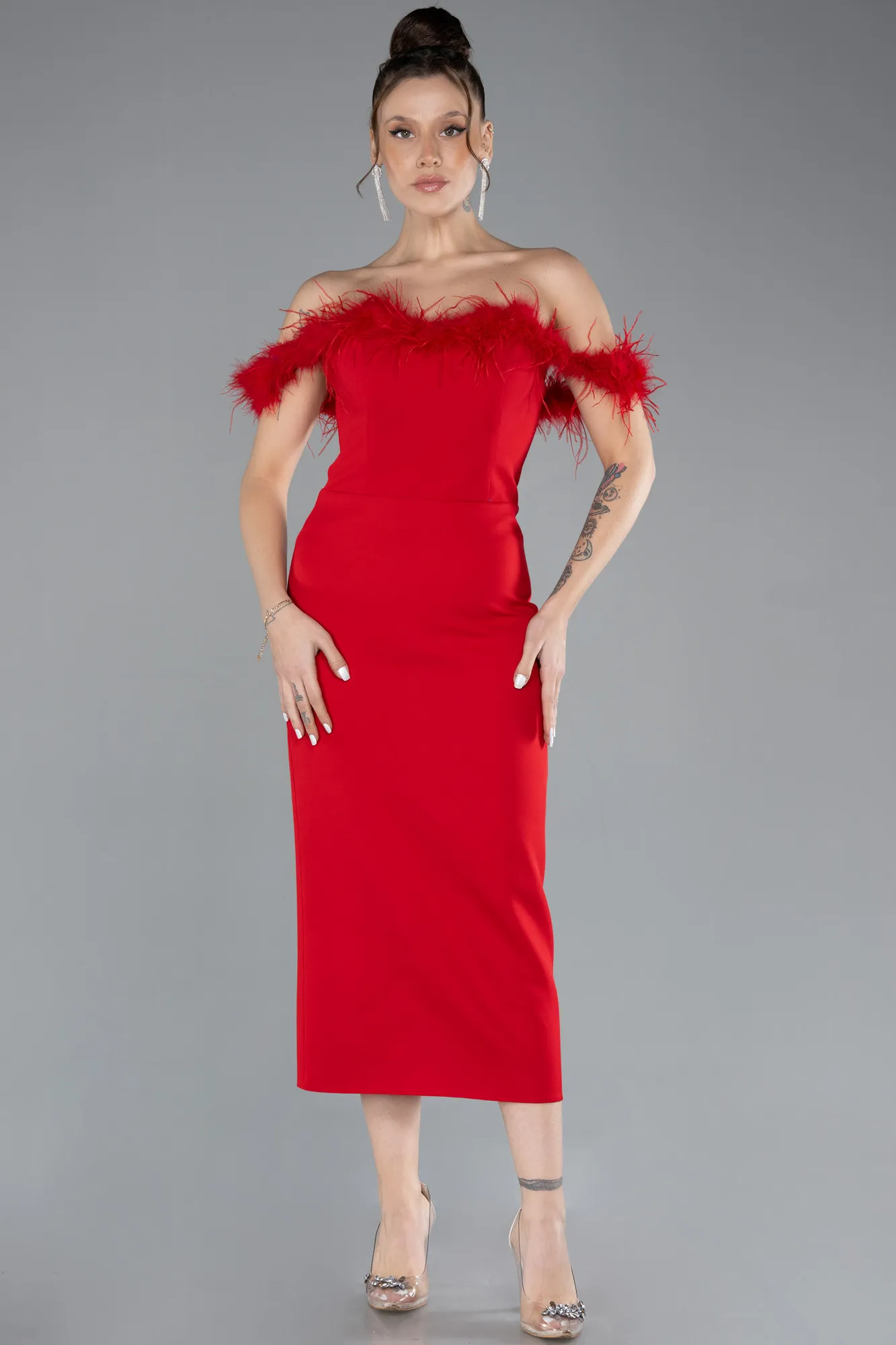 Red-Feathered Boat Neck Midi Cocktail Dress ABU4473