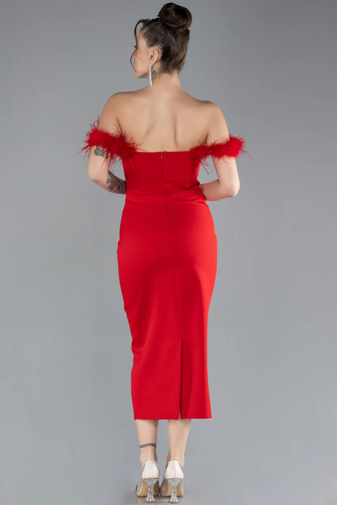 Red-Feathered Boat Neck Midi Cocktail Dress ABU4473