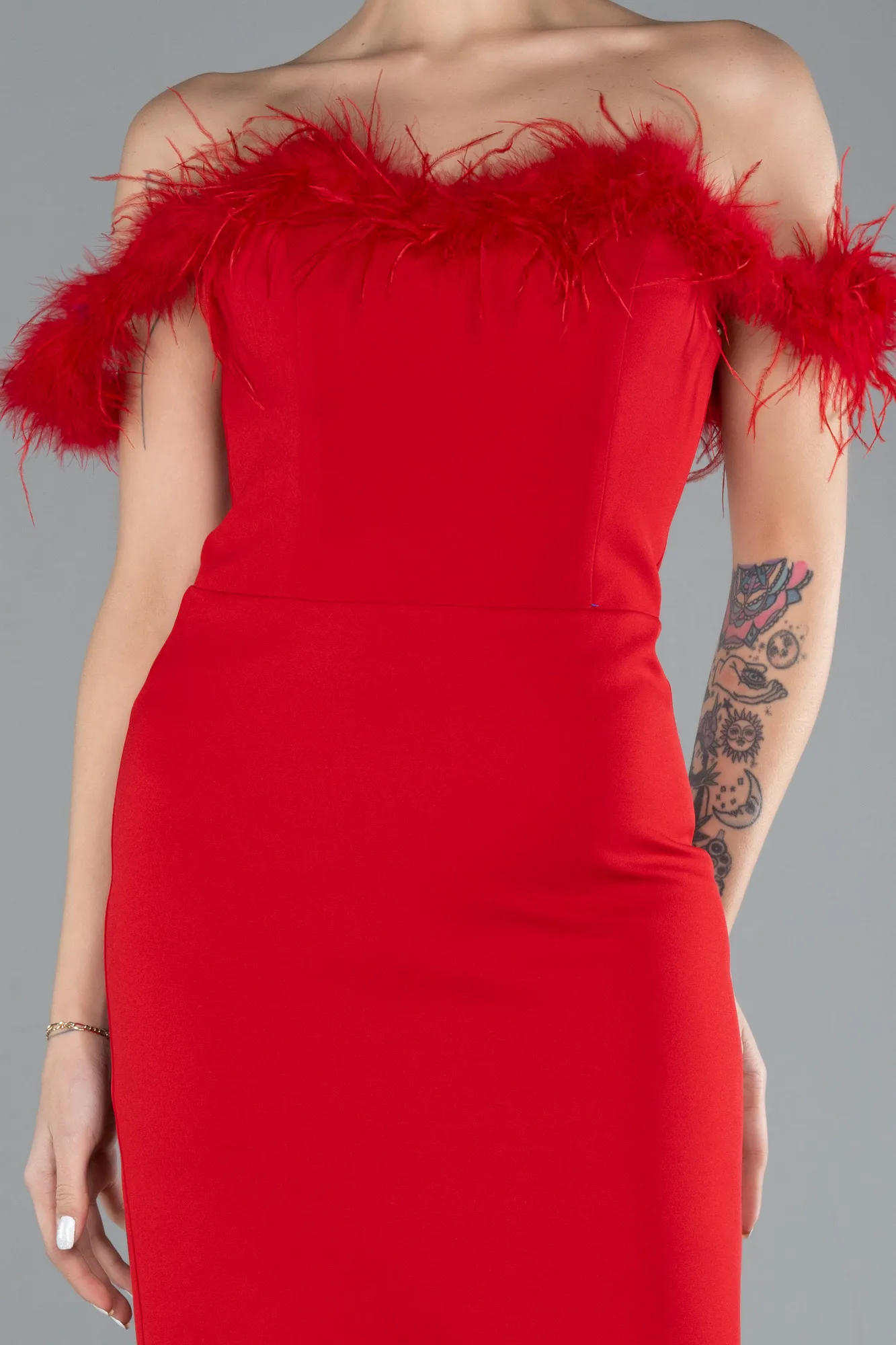 Red-Feathered Boat Neck Midi Cocktail Dress ABU4473