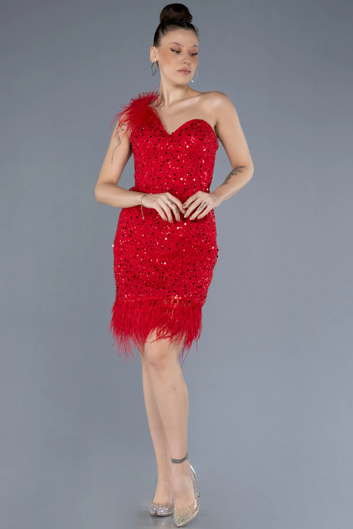 Red-Feathered One Shoulder Short Scaly Evening Dress ABU4580