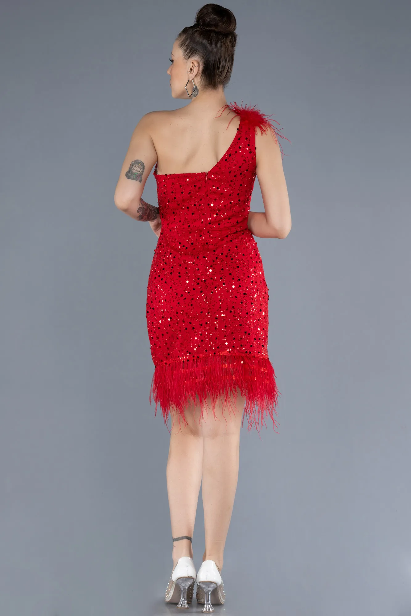 Red-Feathered One Shoulder Short Scaly Evening Dress ABU4580