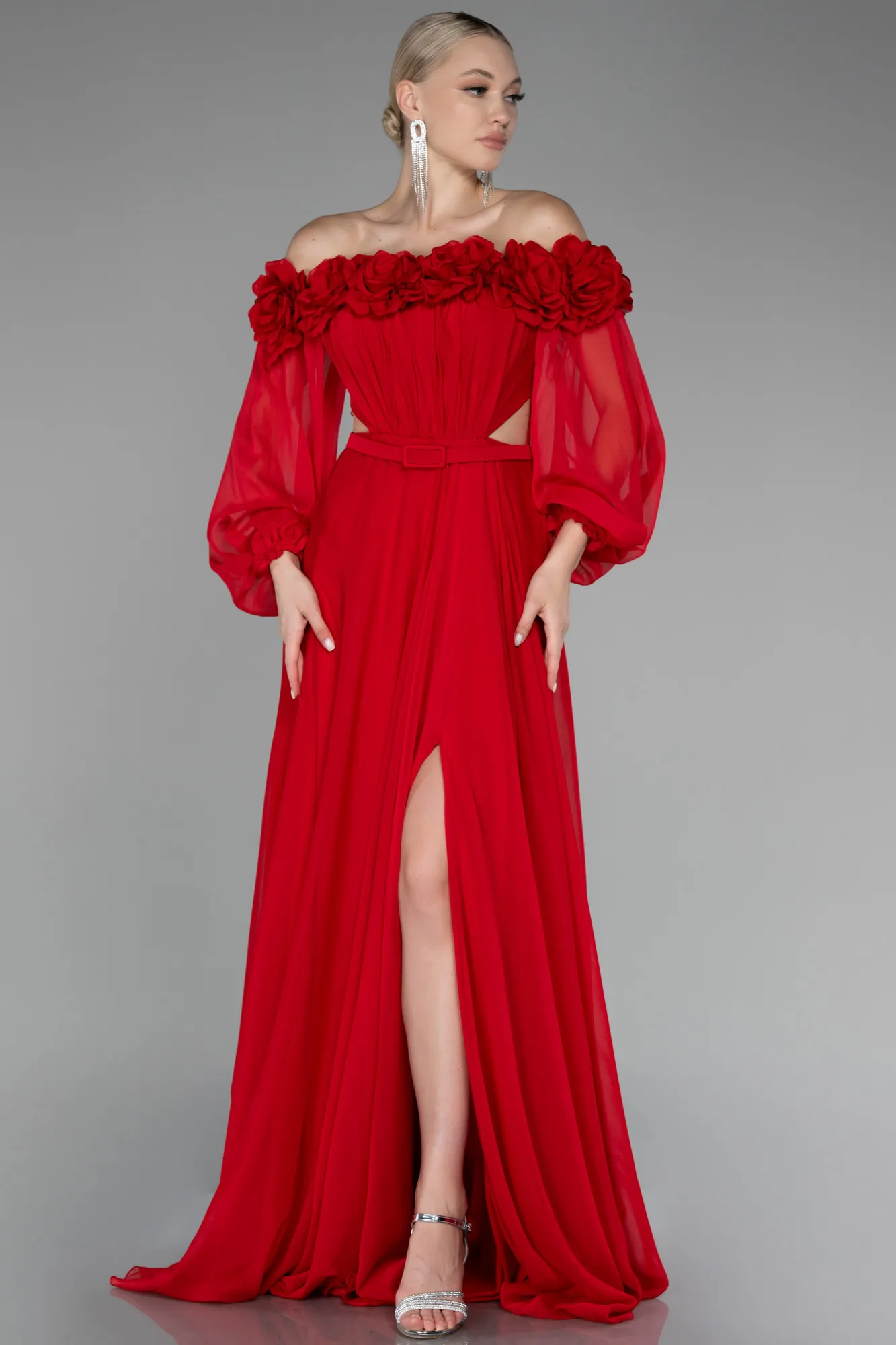 Red-Floral Boat Neck Long Sleeve Chiffon Prom Gown ABU4130