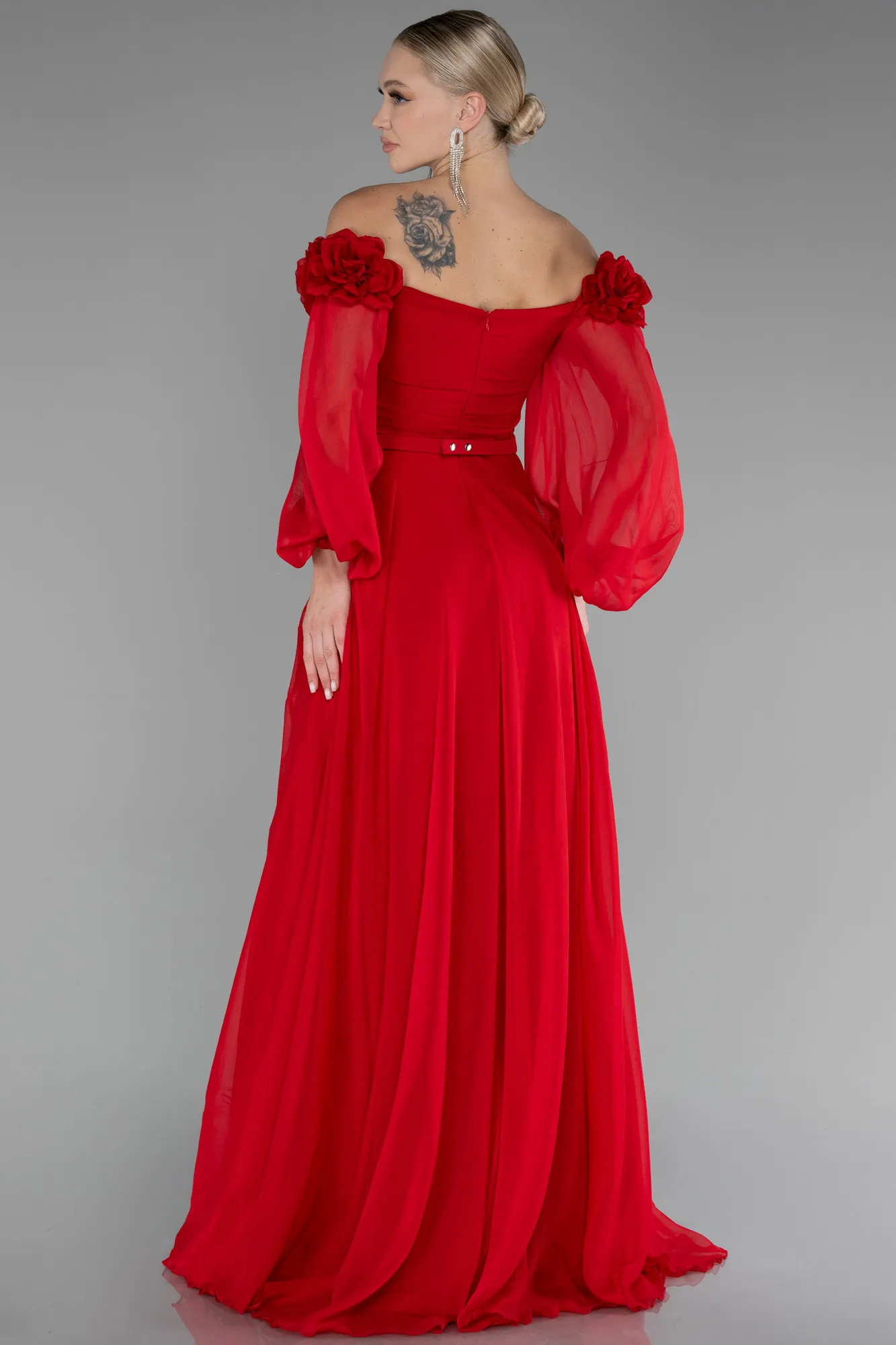 Red-Floral Boat Neck Long Sleeve Chiffon Prom Gown ABU4130