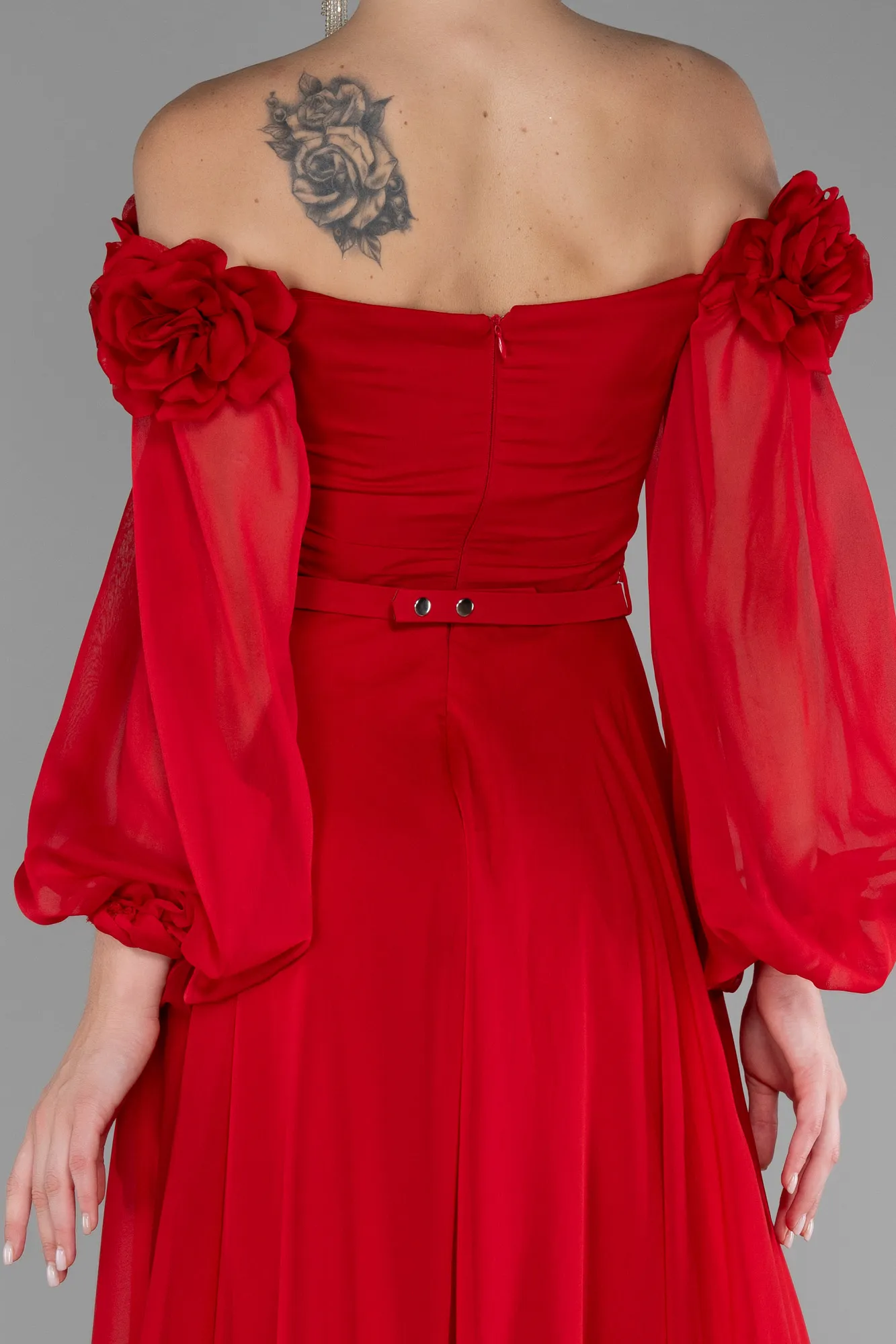 Red-Floral Boat Neck Long Sleeve Chiffon Prom Gown ABU4130