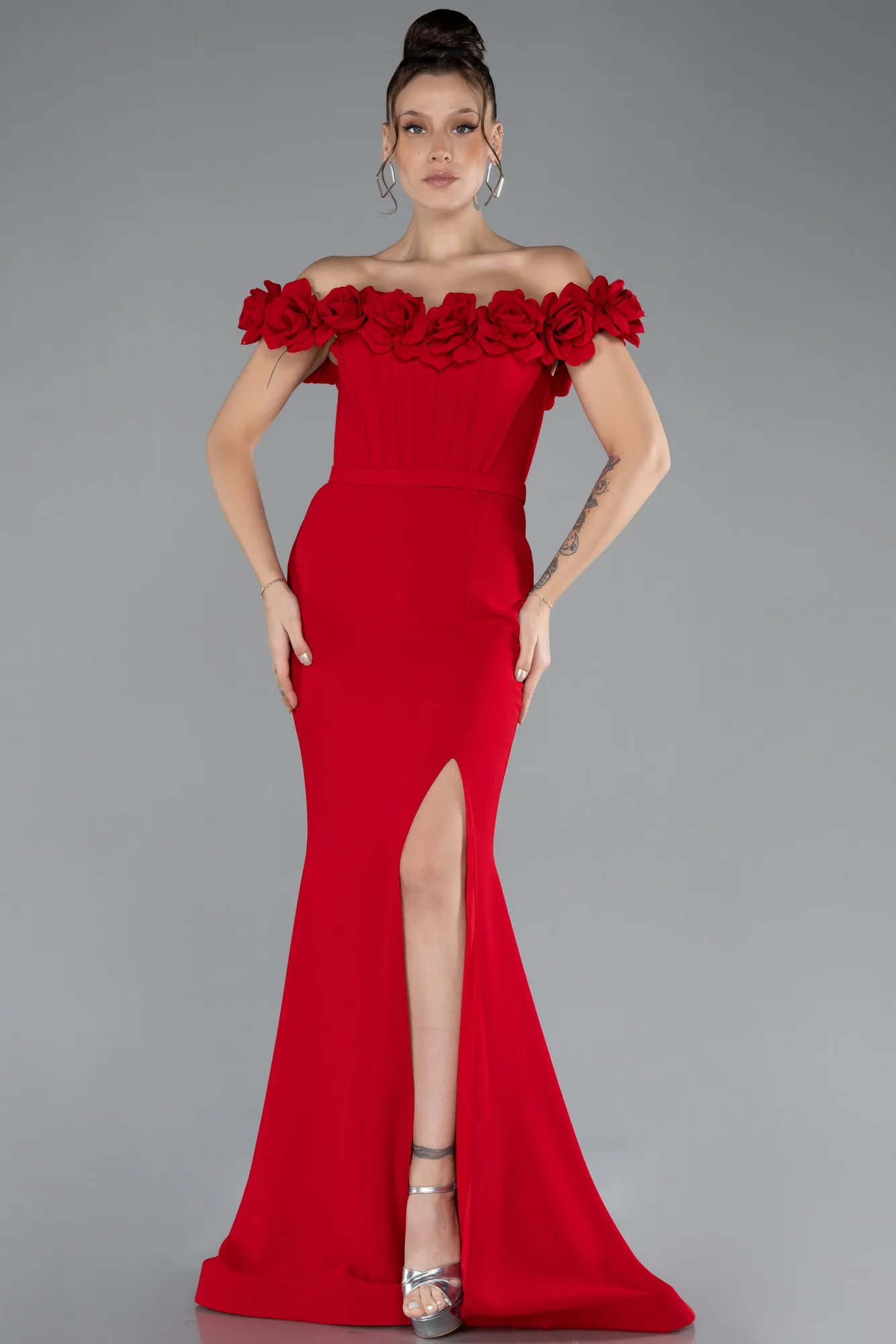 Red-Floral Boat Neck Slit Long Evening Gown ABU4387